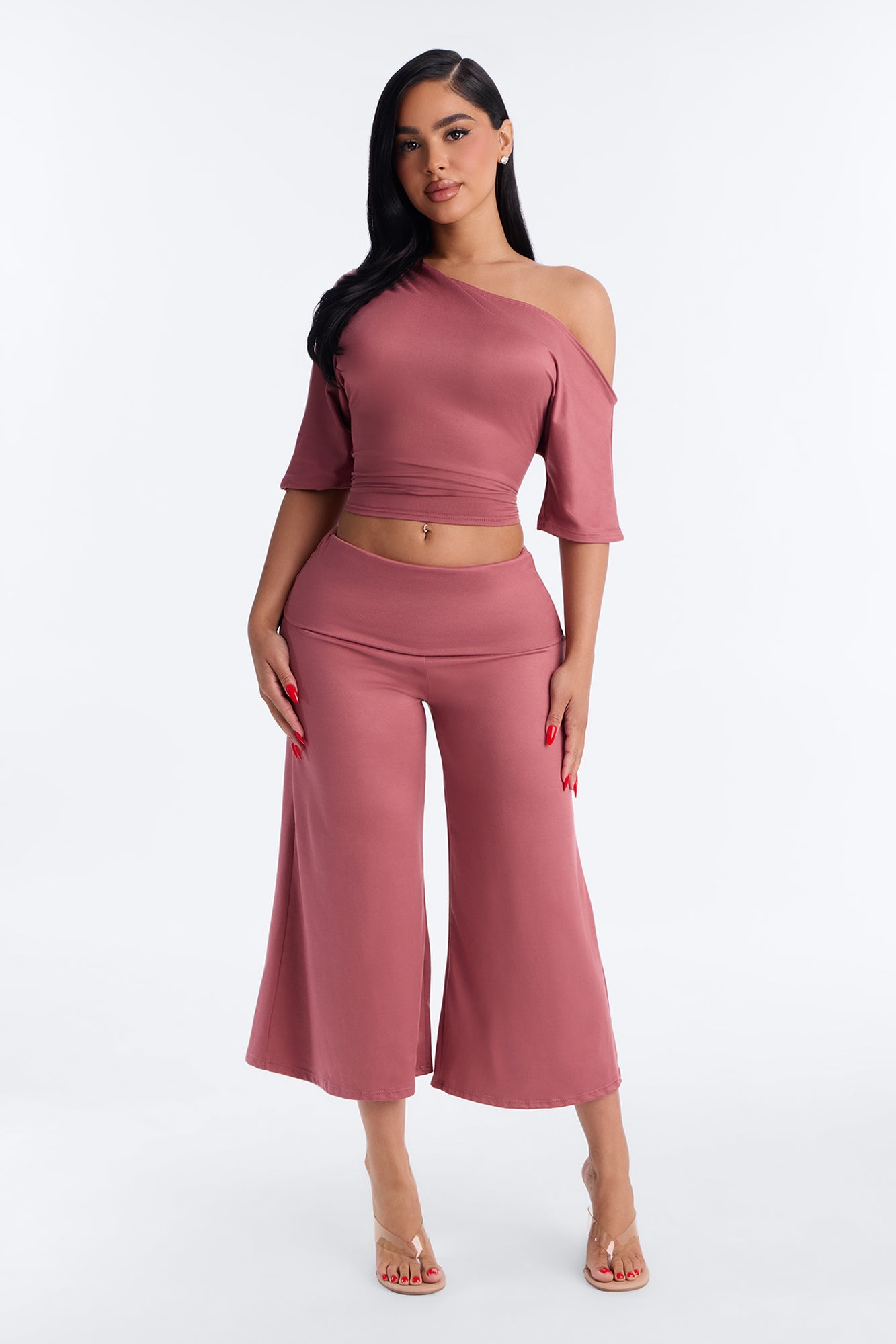 Maria Off Shoulder Gaucho Pant Set - Rose