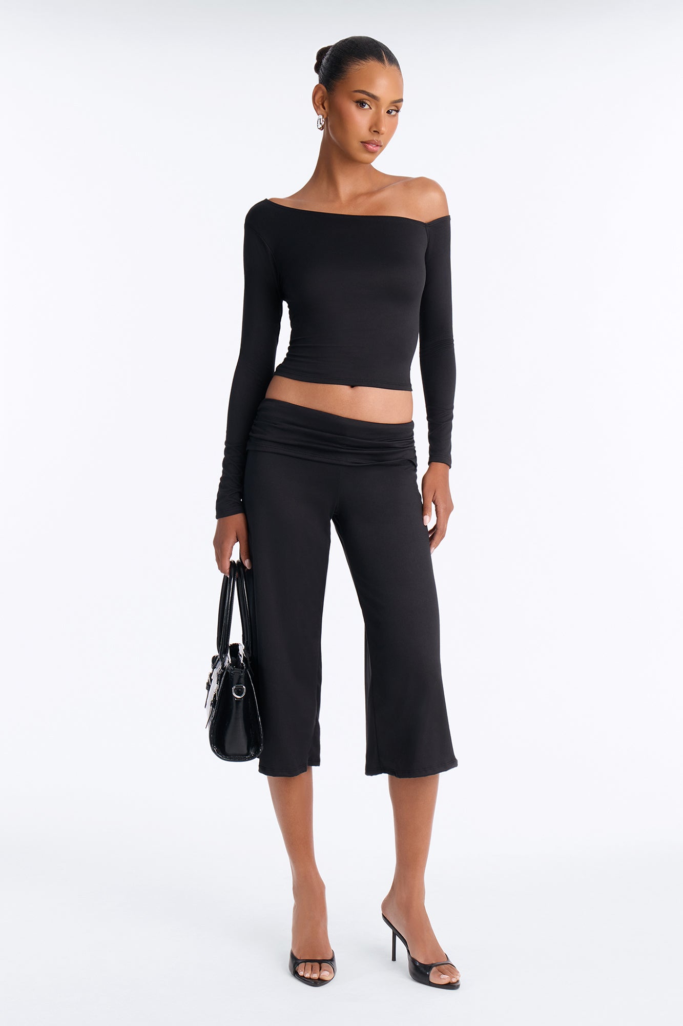 Savannah Foldover Waist Gaucho Set - Black