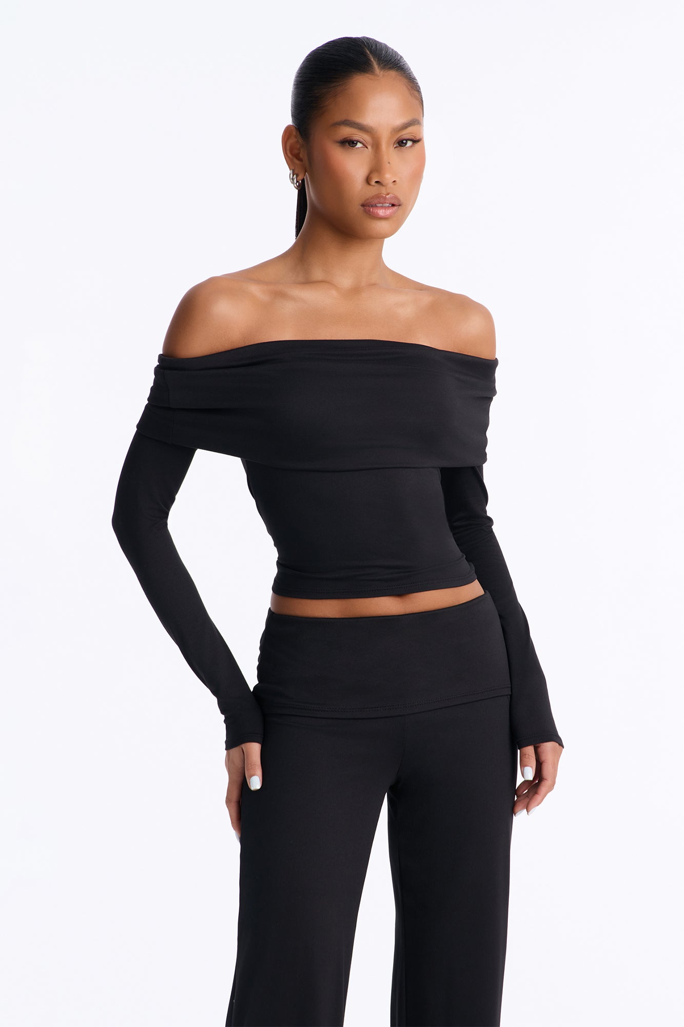 Maya Foldover Waist Pant Set - Black