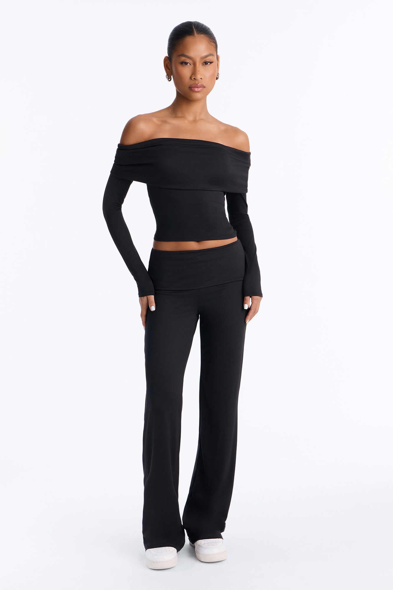 Maya Foldover Waist Pant Set - Black