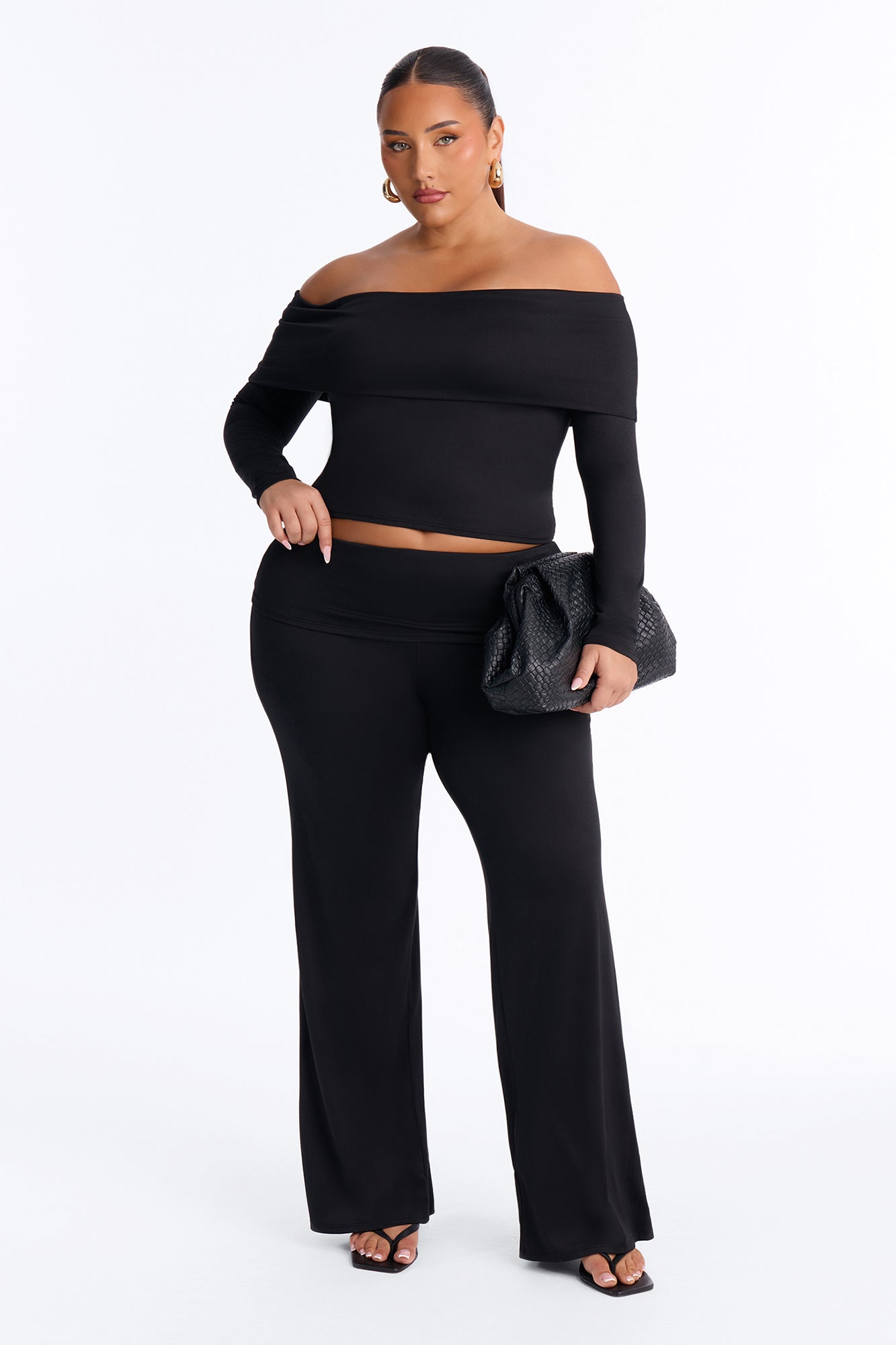 Maya Foldover Waist Pant Set - Black