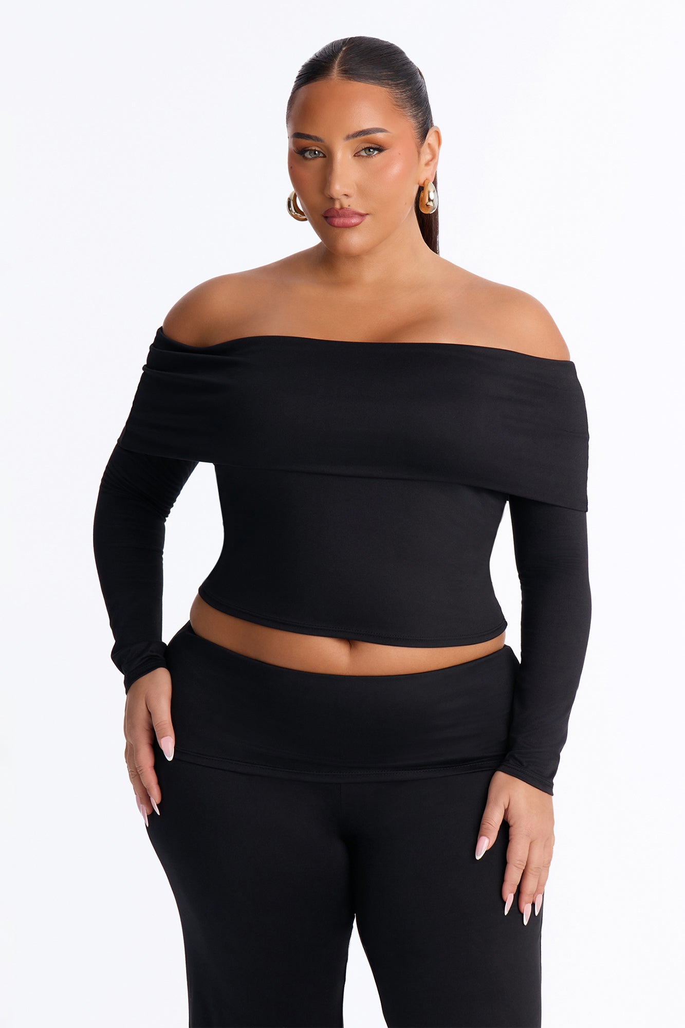 Maya Foldover Waist Pant Set - Black