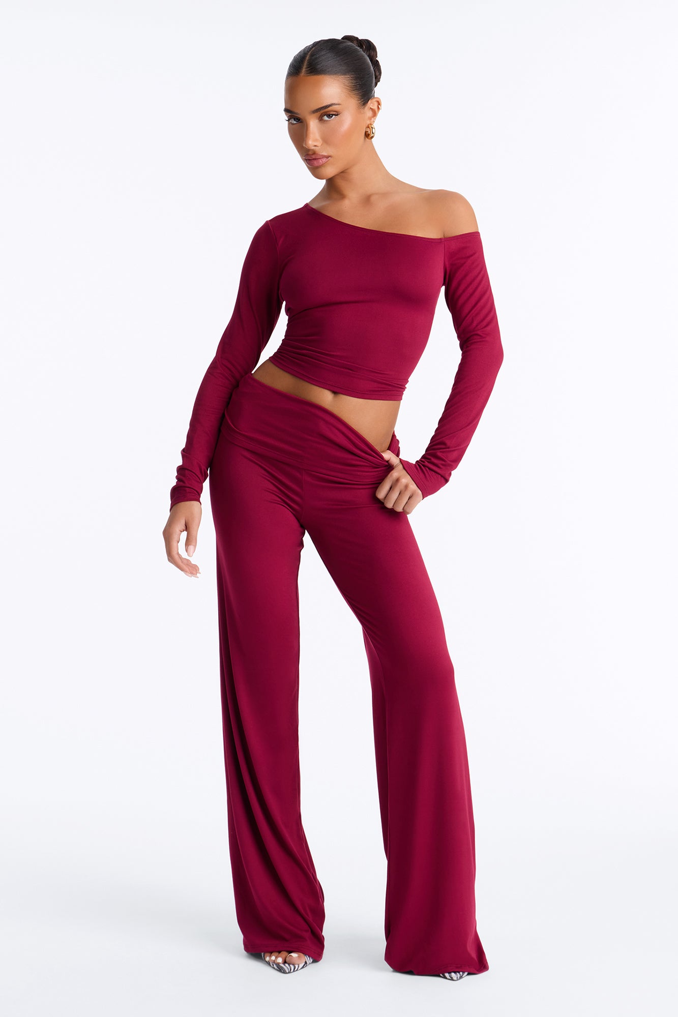 Natalia Off Shoulder Pant Set - Burgundy