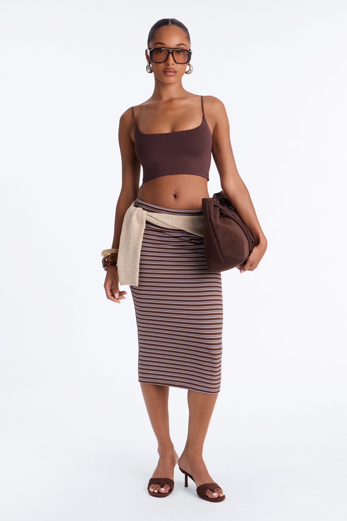 Presley Striped Ribbed Knit Midi Skirt - Brown/combo