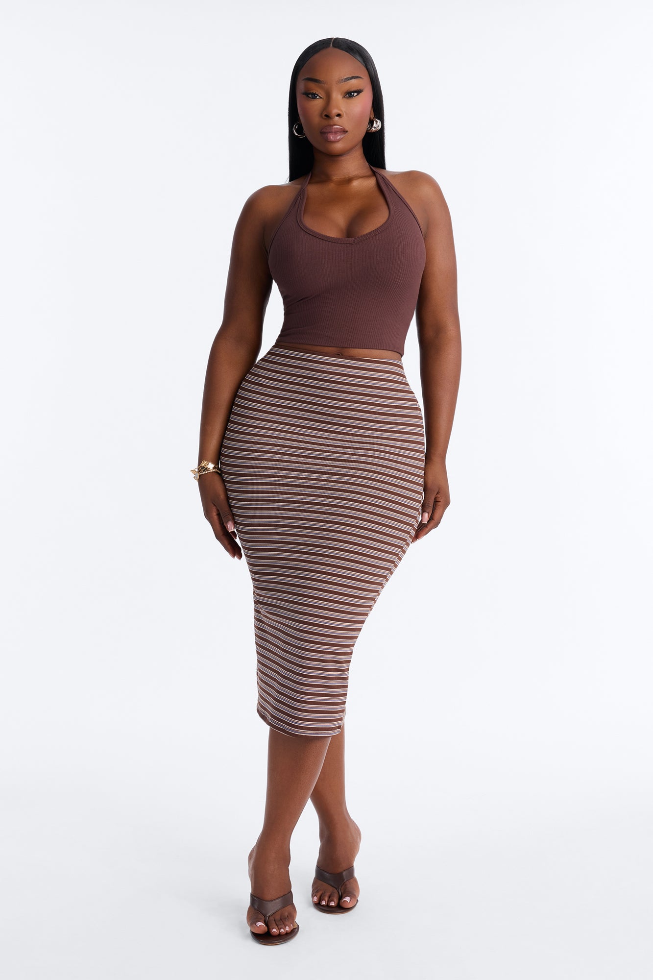 Presley Striped Ribbed Knit Midi Skirt - Brown/combo
