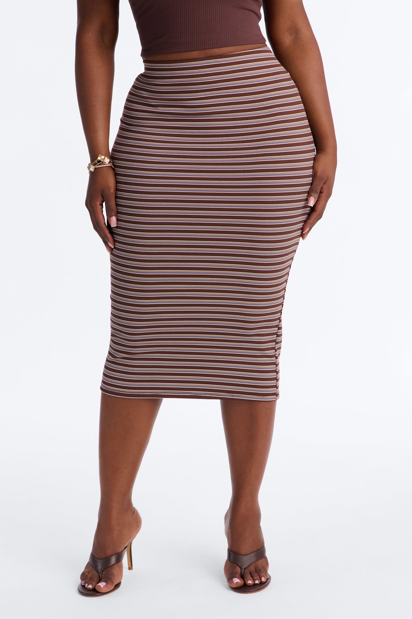 Presley Striped Ribbed Knit Midi Skirt - Brown/combo