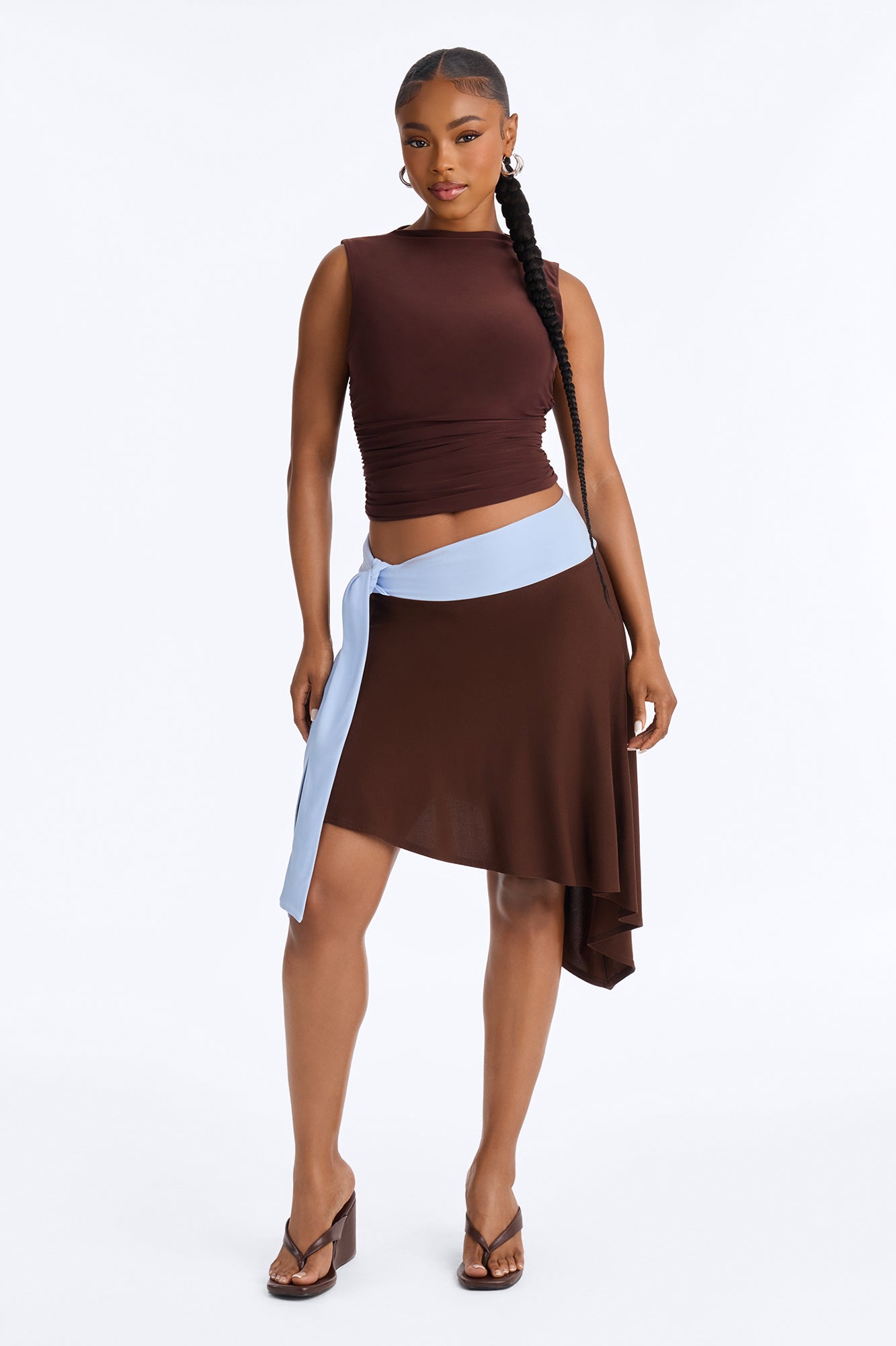 Julianna Tie Waist Midi Skirt - Chocolate/Combo