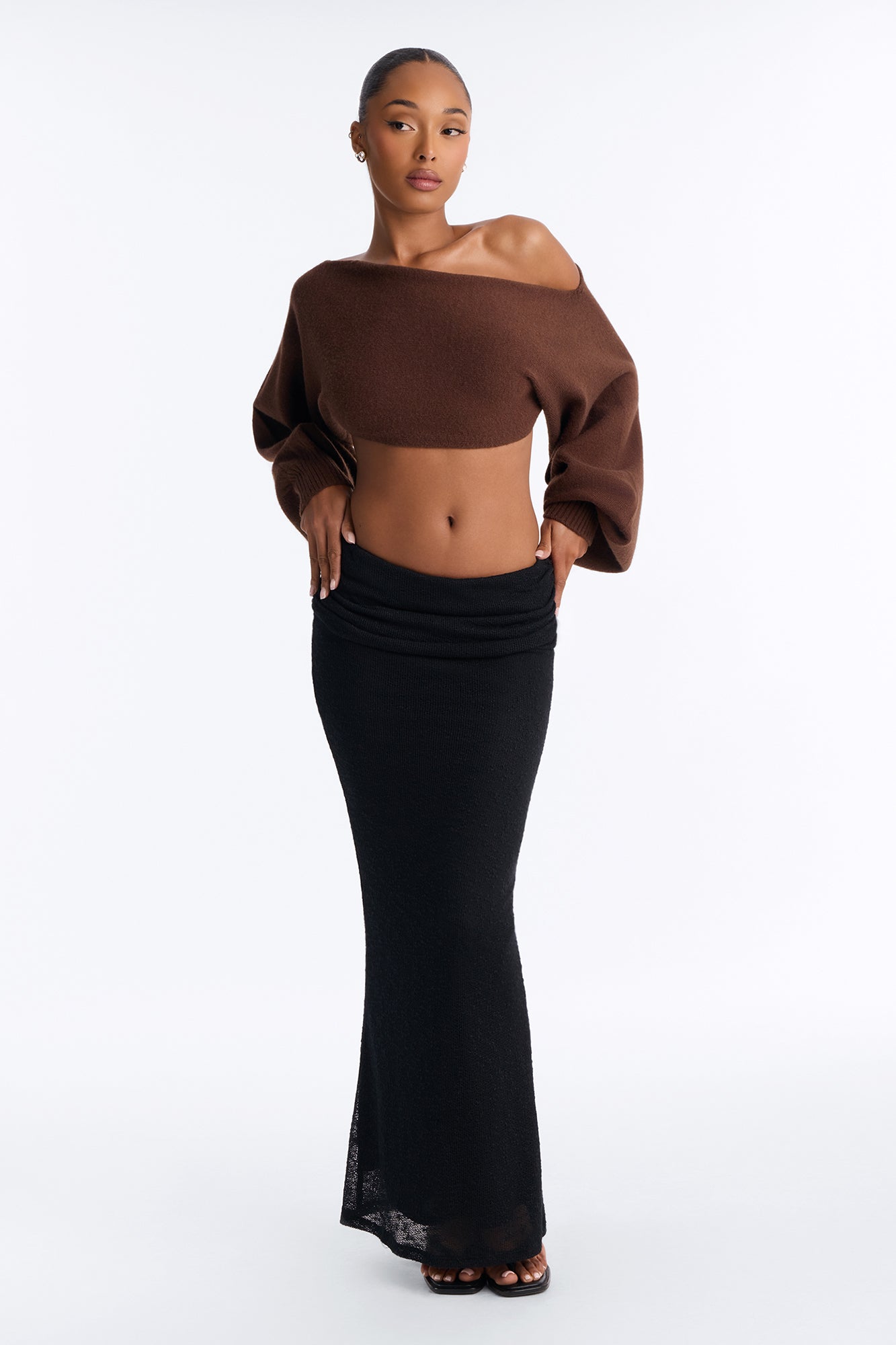 Suede Foldover Textured Knit Maxi Skirt - Black