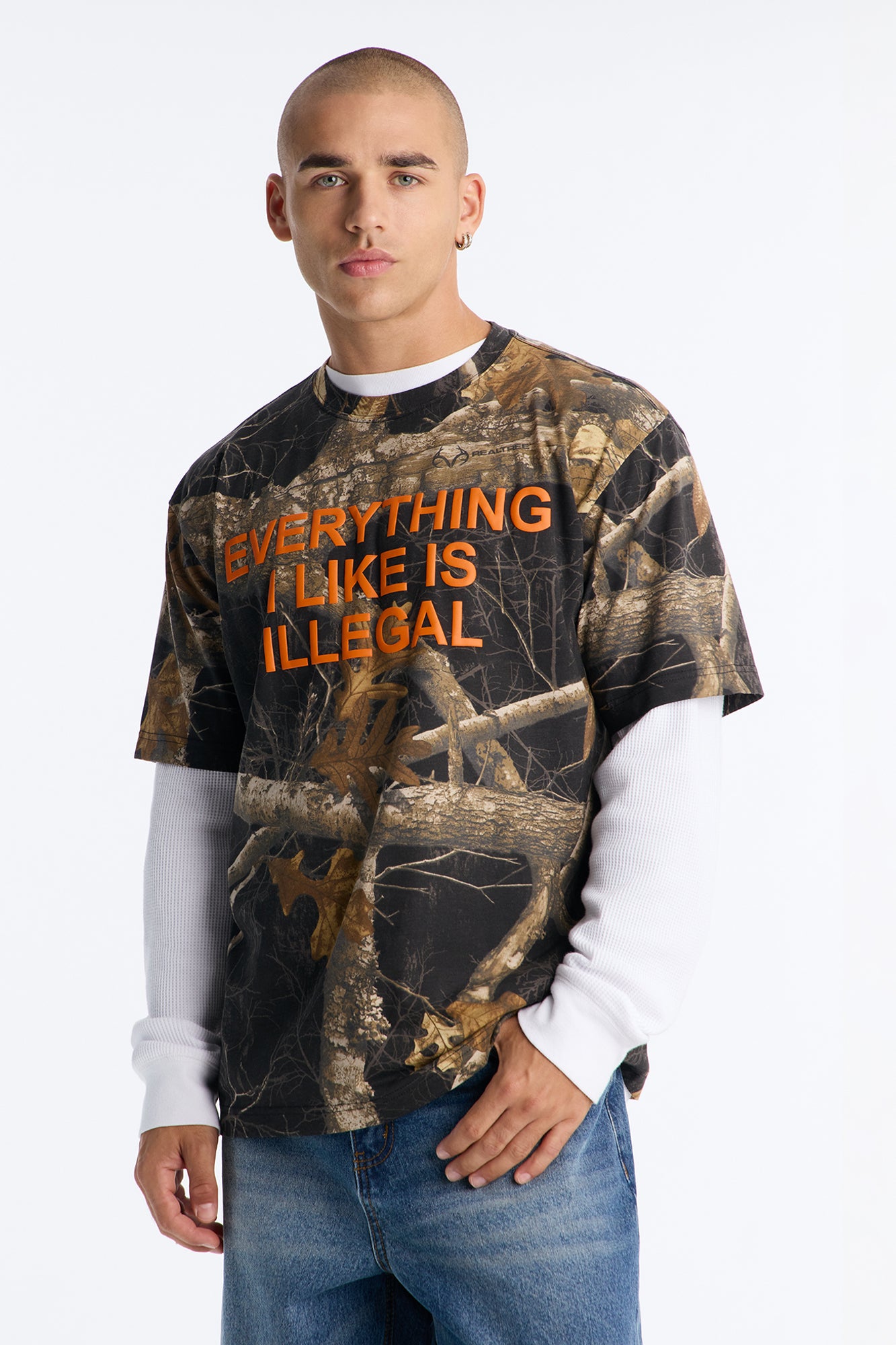 Real Tree Shadow Everything I Like Is Illegal Puff Print Short Sleeve Tee - Camouflage