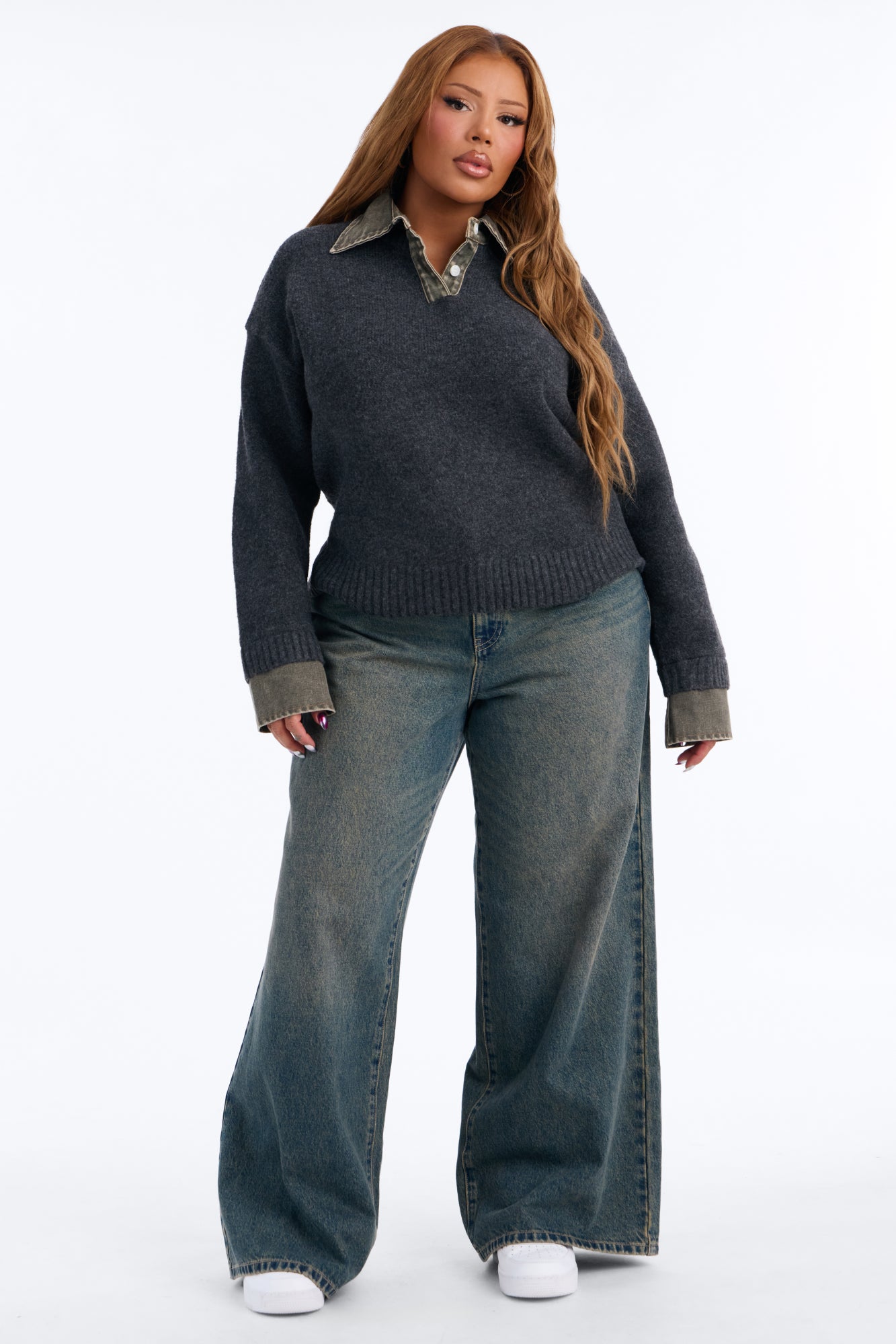 Serving Charm Denim Sweater - Charcoal/combo