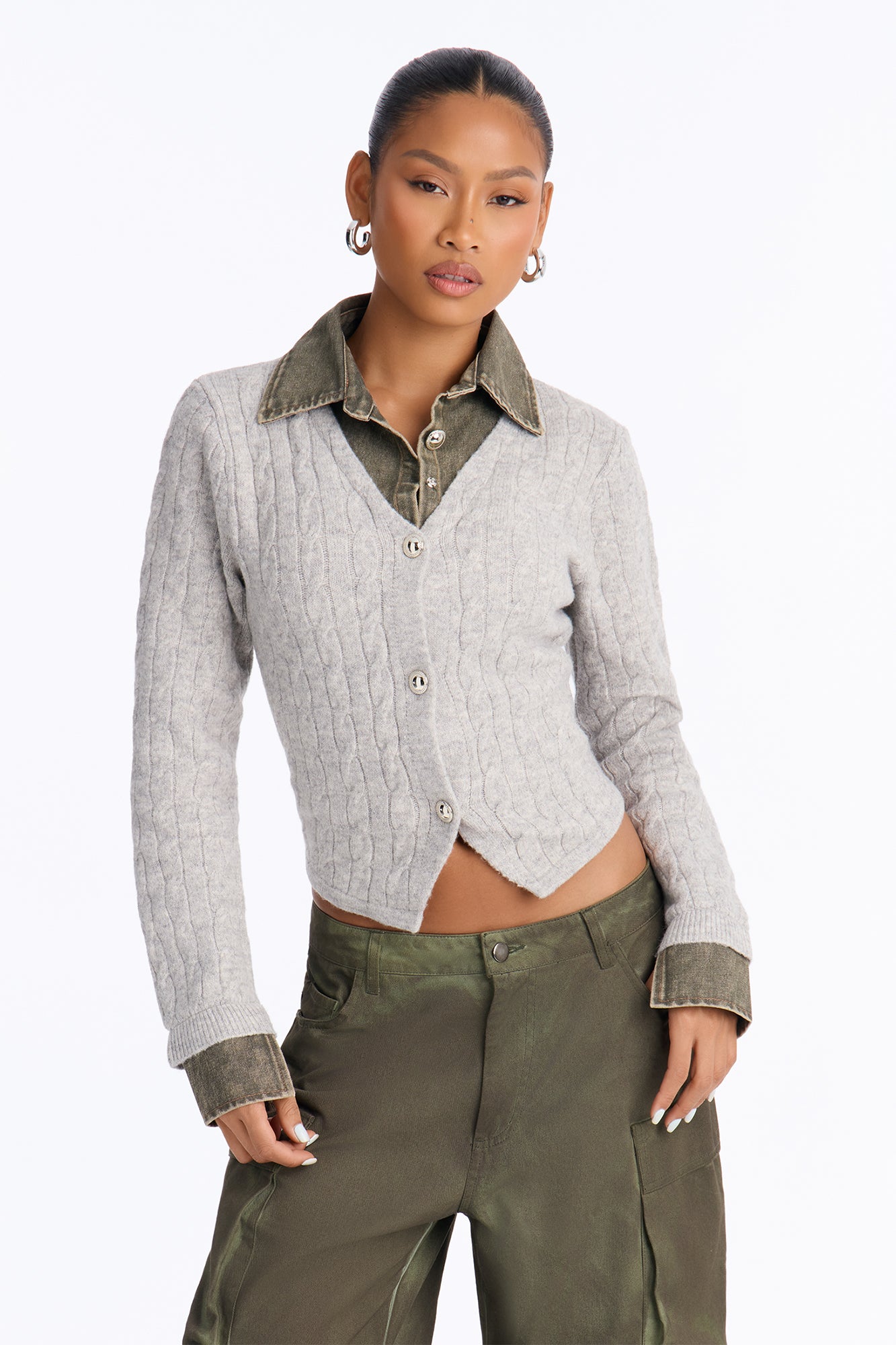 All Too Well Denim Contrast Cable Knit Cardigan - Heather/Combo