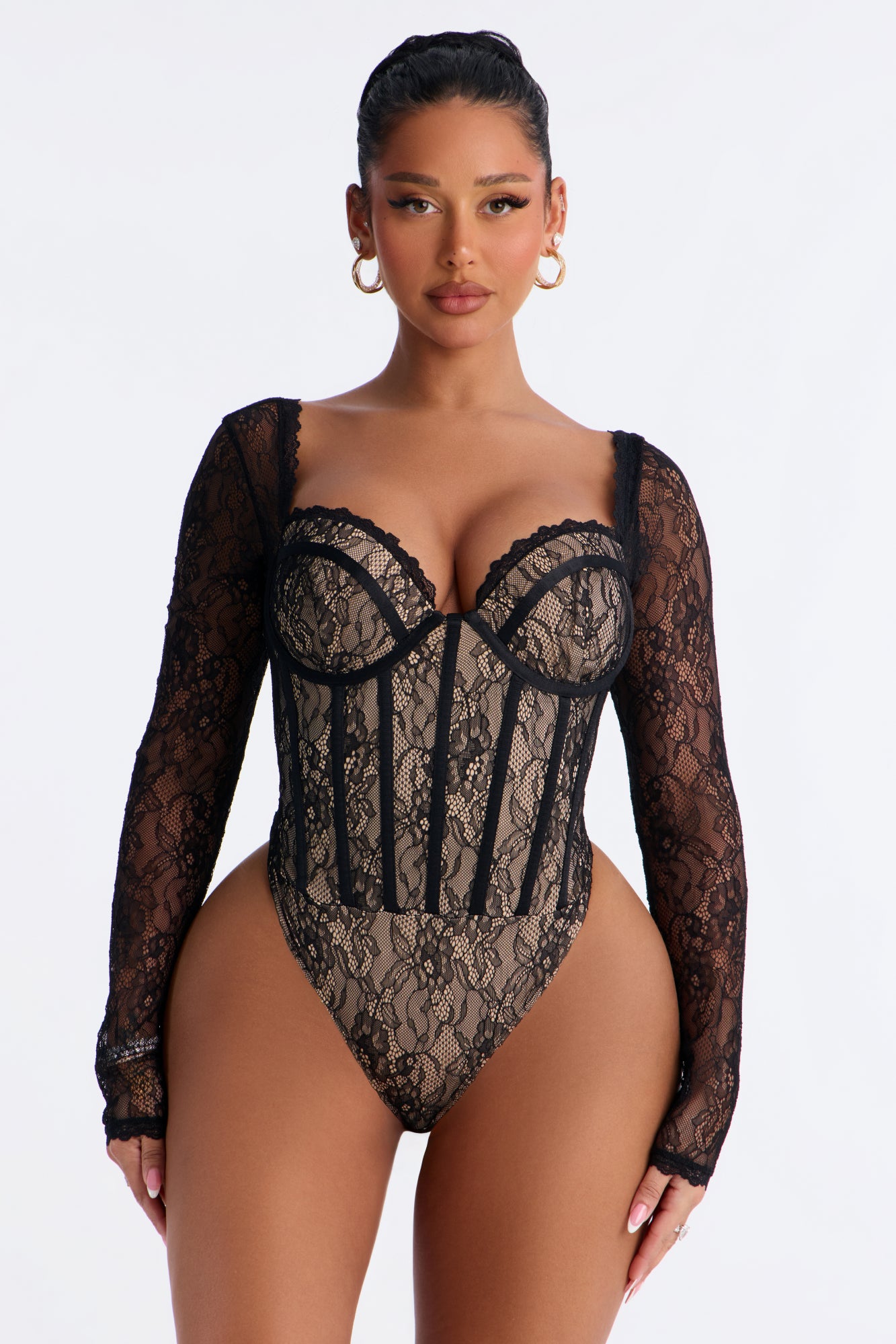 Hidden Charm Lace Corset Long Sleeve Bodysuit - Black