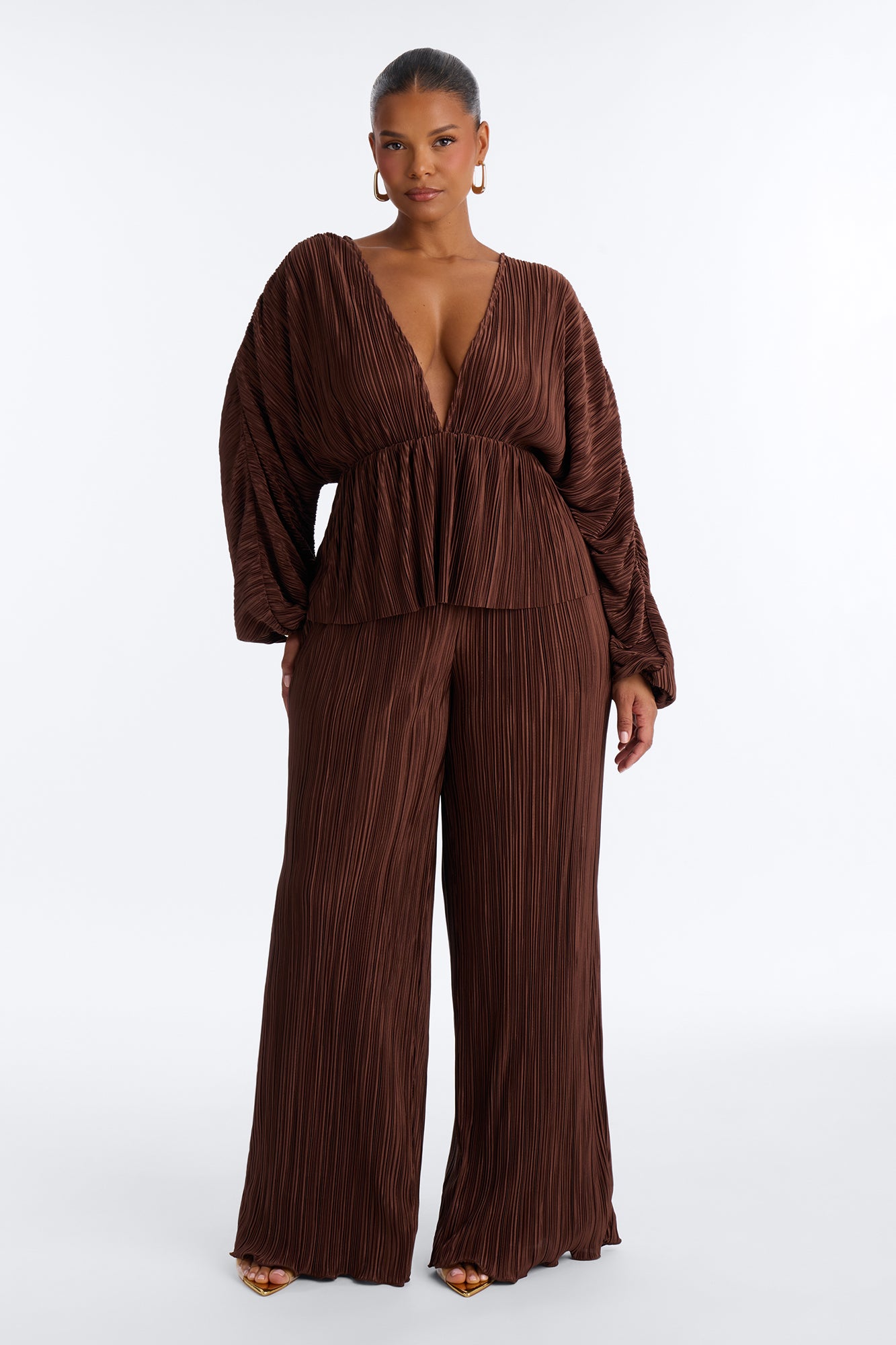 Jordy Plisse Long Sleeve Pant Set - Chocolate