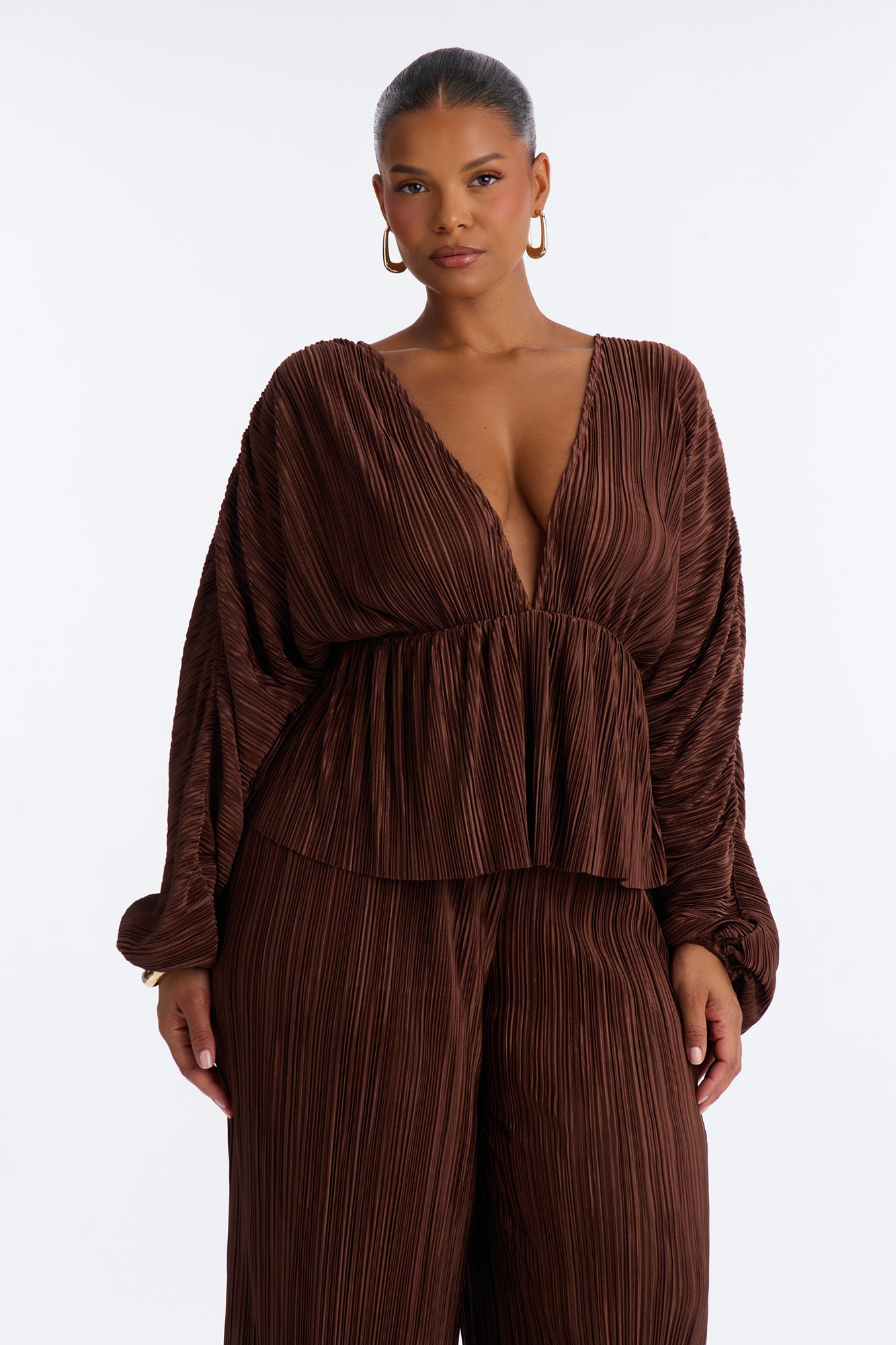 Jordy Plisse Long Sleeve Pant Set - Chocolate