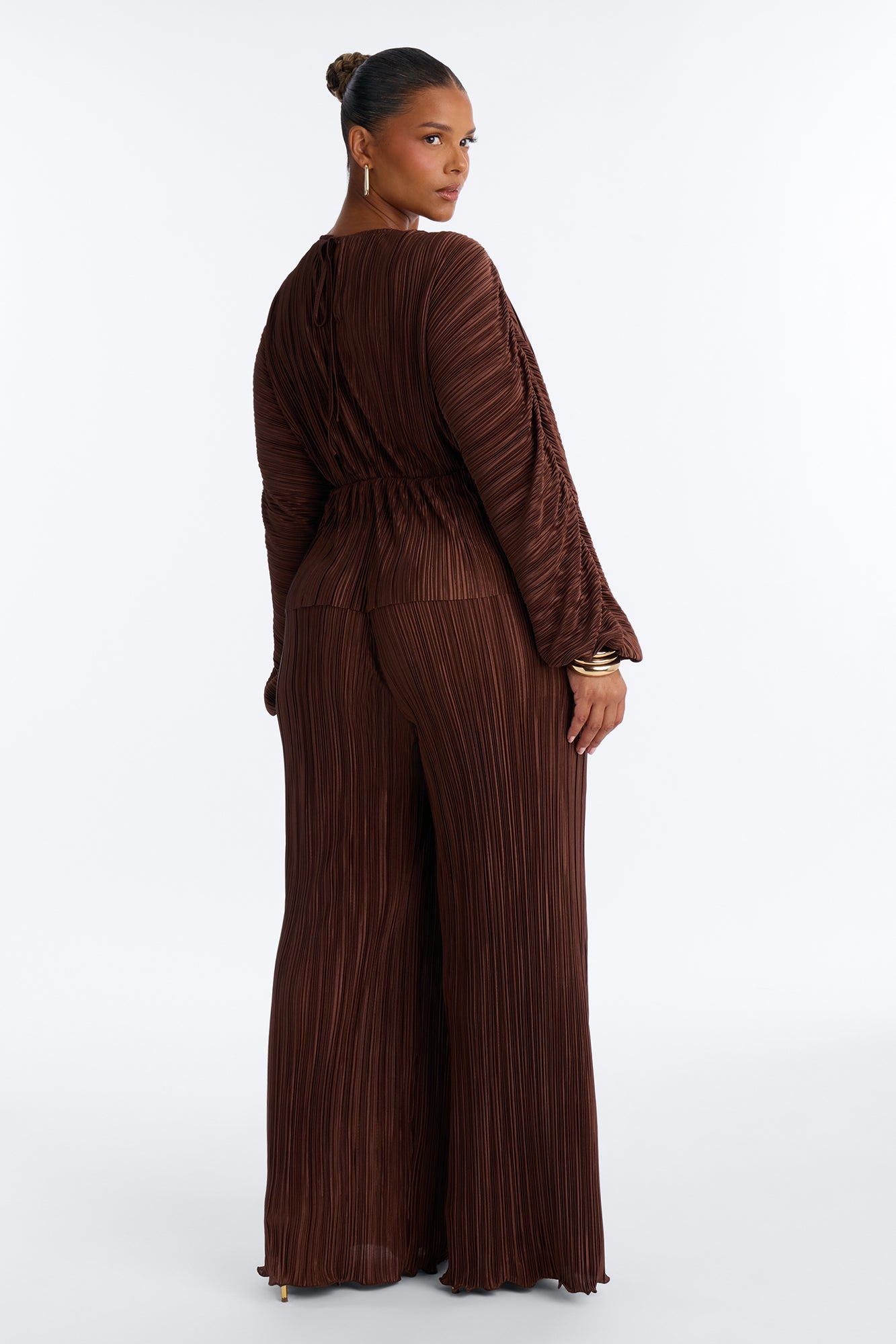 Jordy Plisse Long Sleeve Pant Set - Chocolate