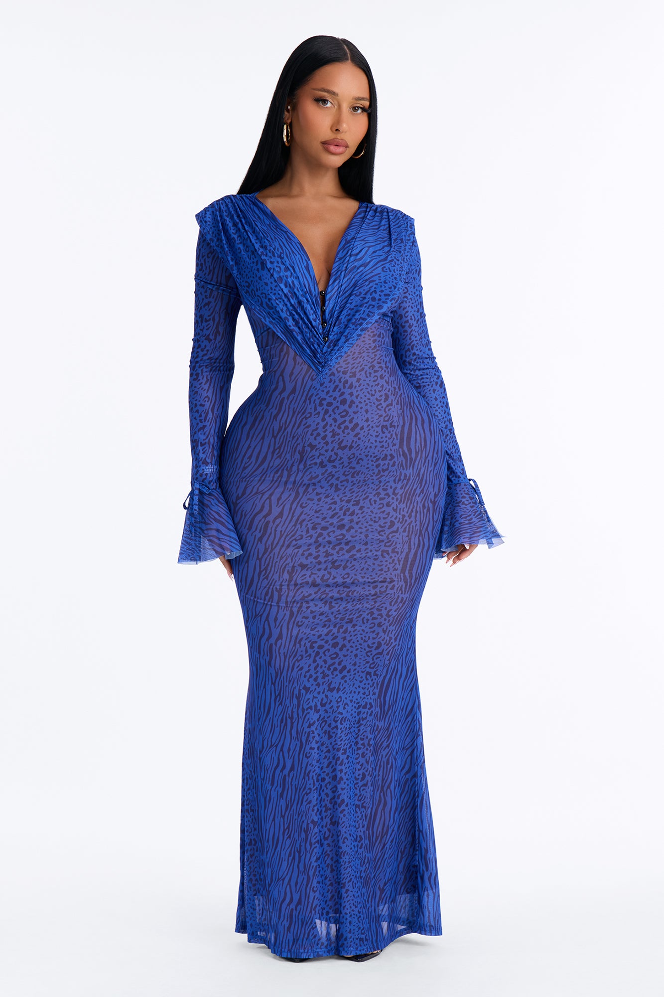 Giselle Long Sleeve Mesh Maxi Dress - Blue/combo
