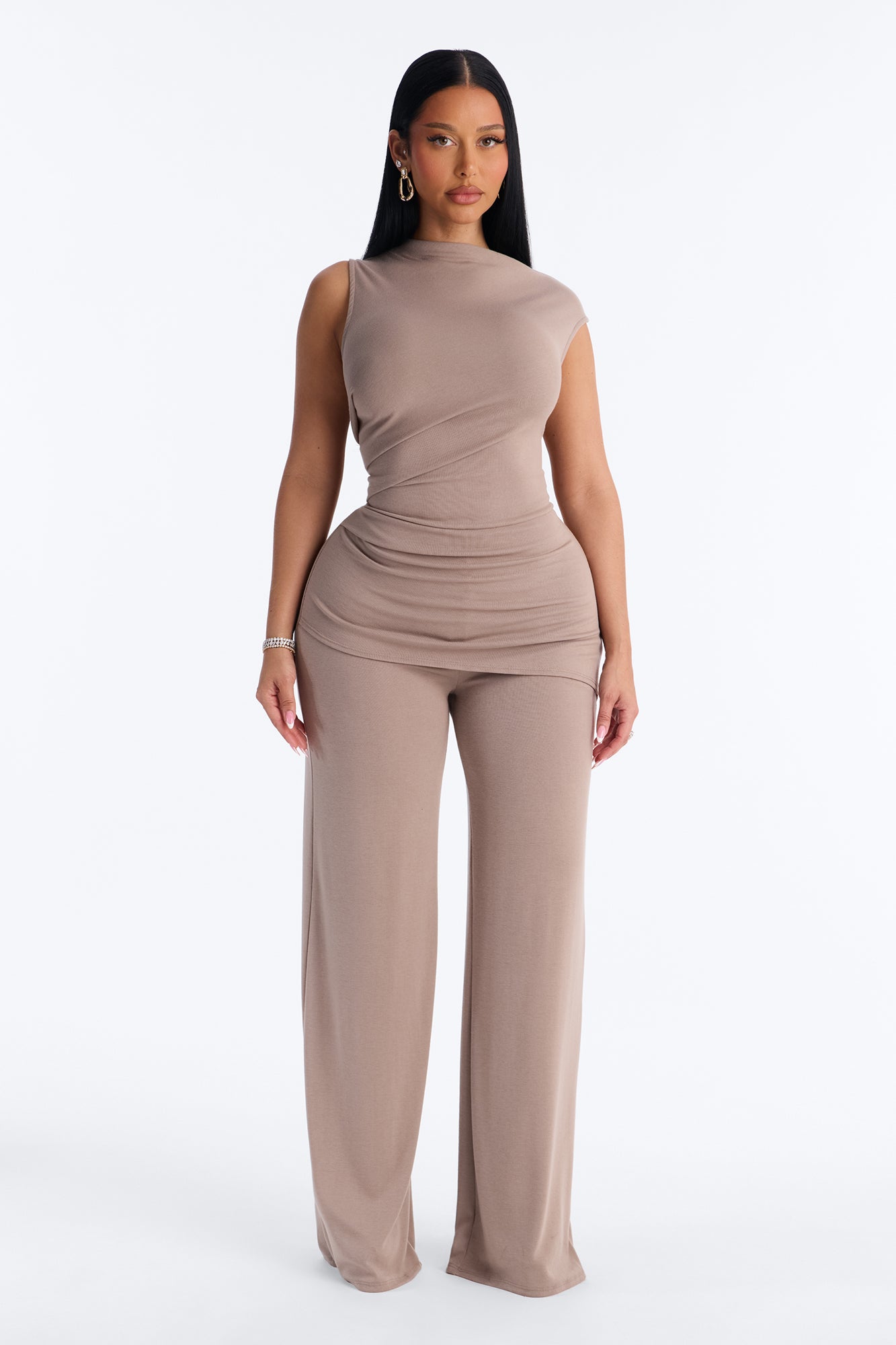 Shirleen Asymmetrical Draped Wide Leg Jumpsuit - Taupe