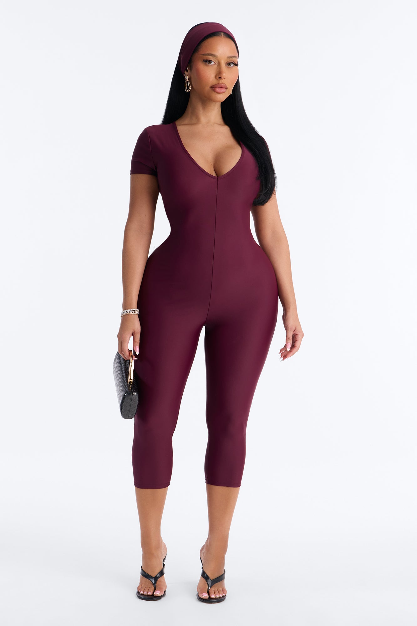Mia Plunge Neck 2 piece Capri Jumpsuit - Burgundy