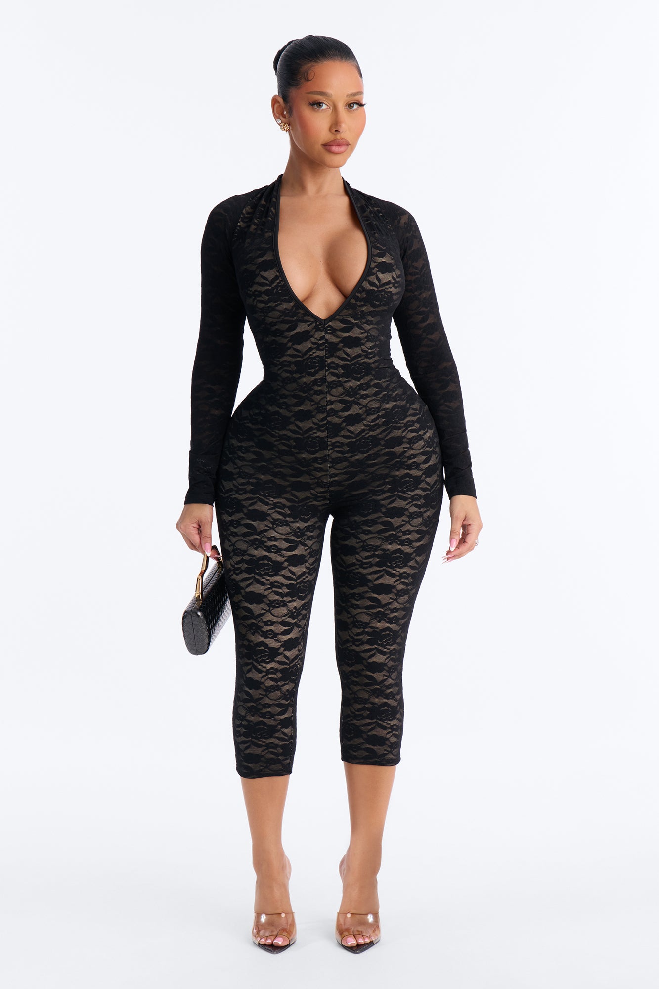 Midnight Strolls Long Sleeve Lace Capri Jumpsuit - Black
