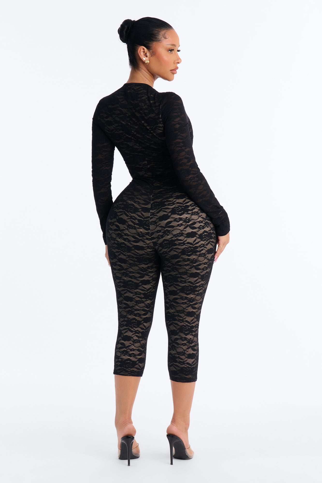 Midnight Strolls Long Sleeve Lace Capri Jumpsuit - Black
