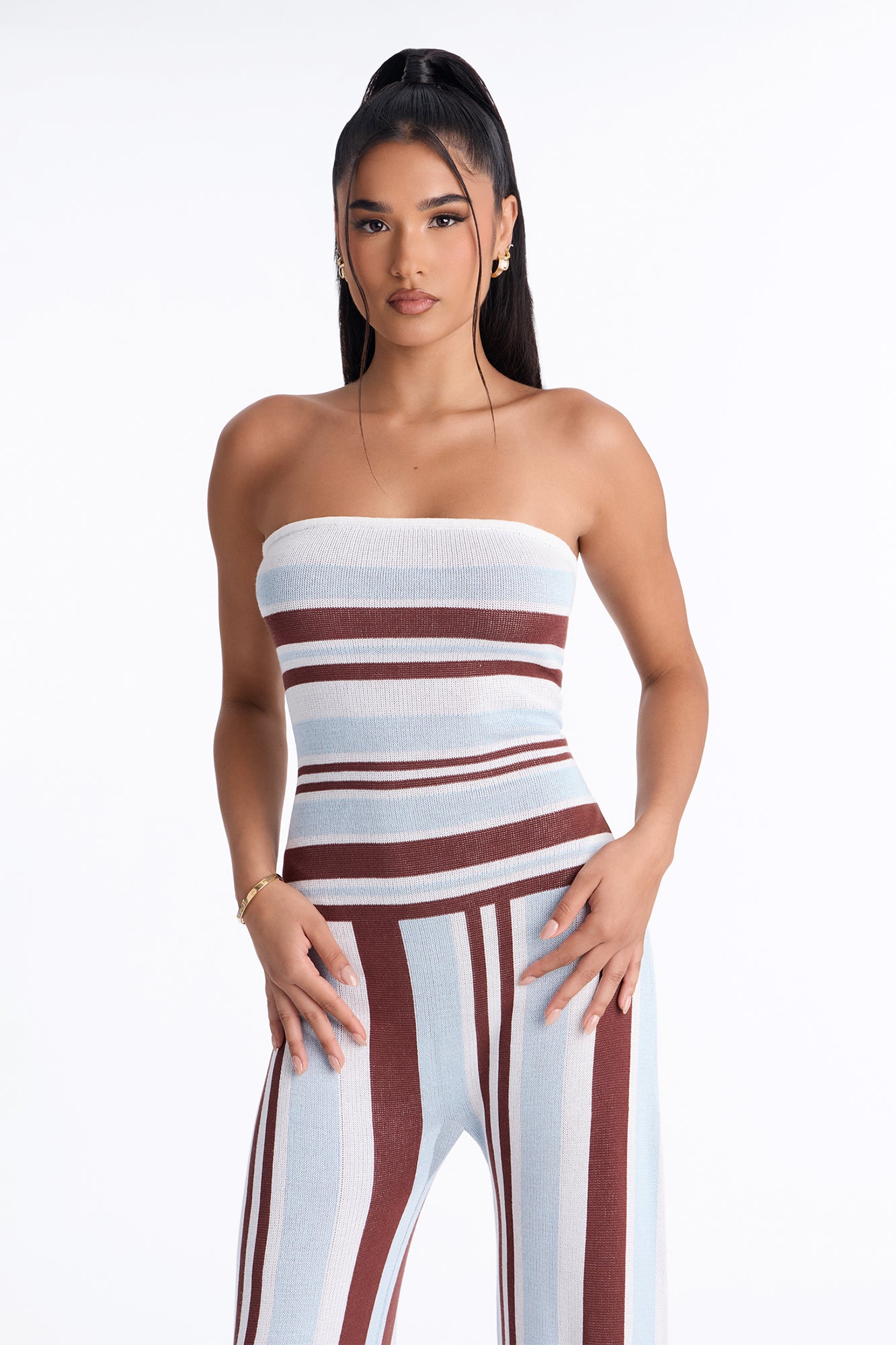 Riviera Stripe Strapless Wide Leg Jumpsuit - Blue/combo