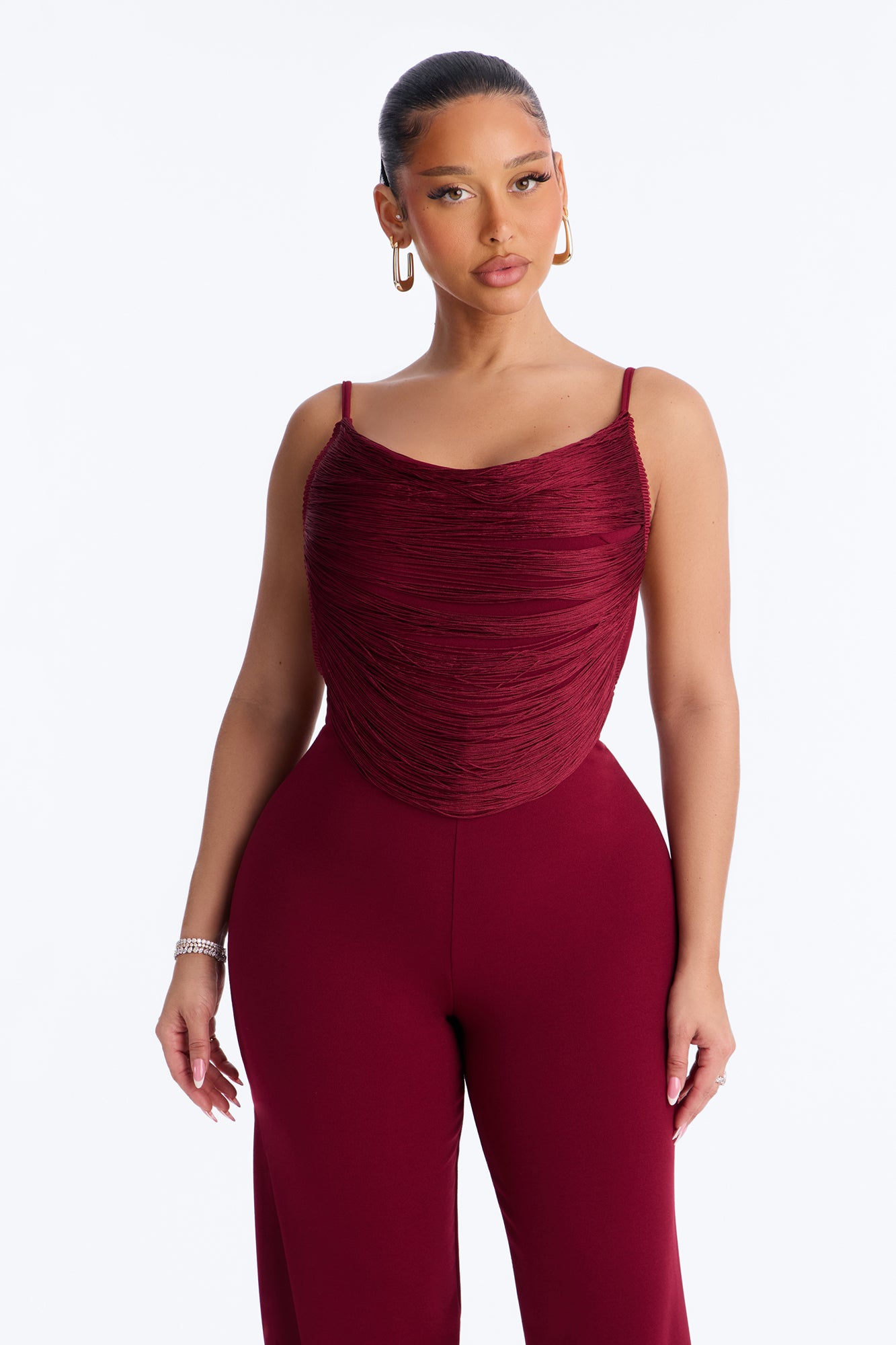 Simone Fringed Wide Leg Jumpsuit - Burgundy
