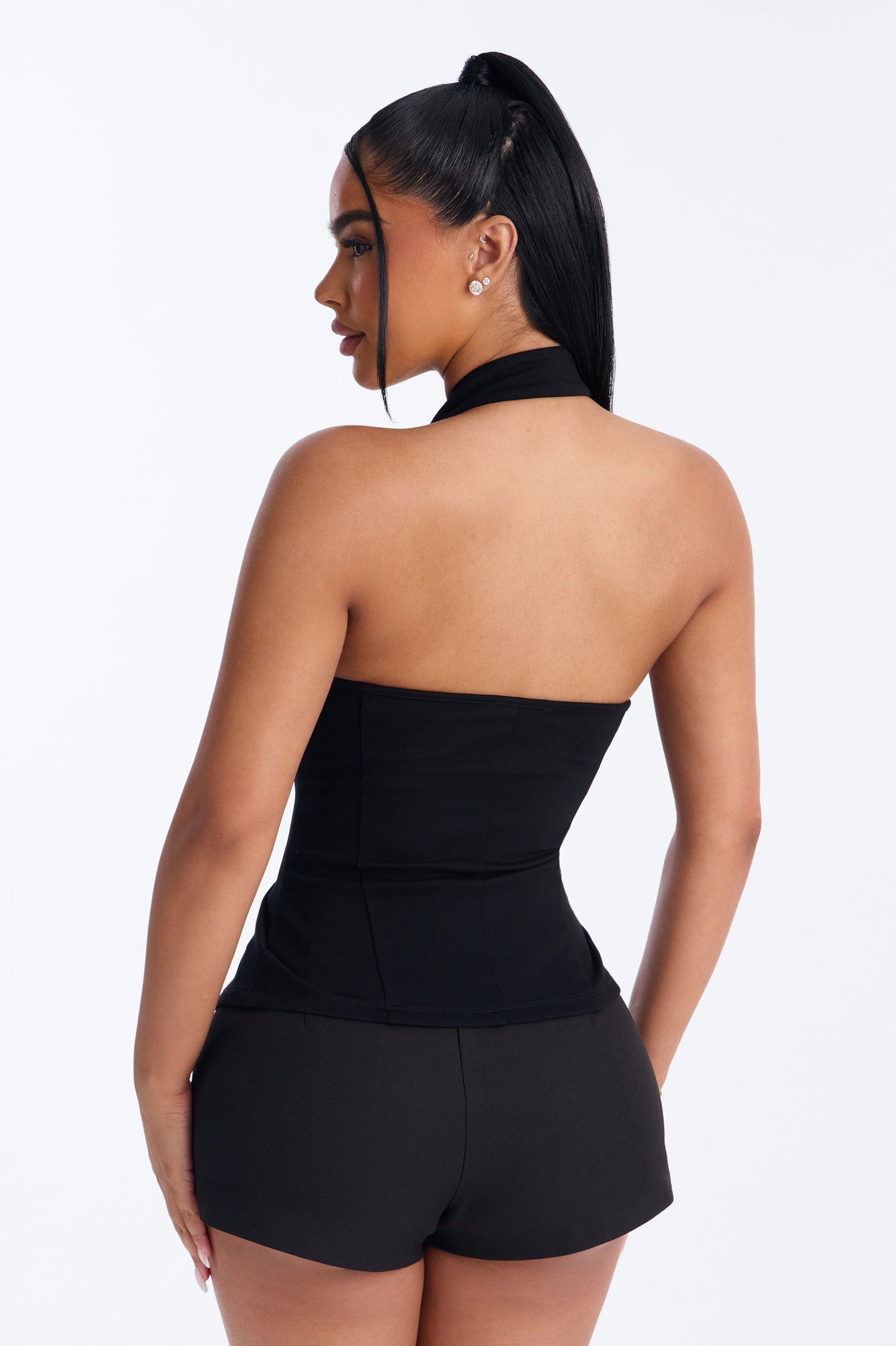 Tempt Me Lace Up Mock Neck Halter Top - Black