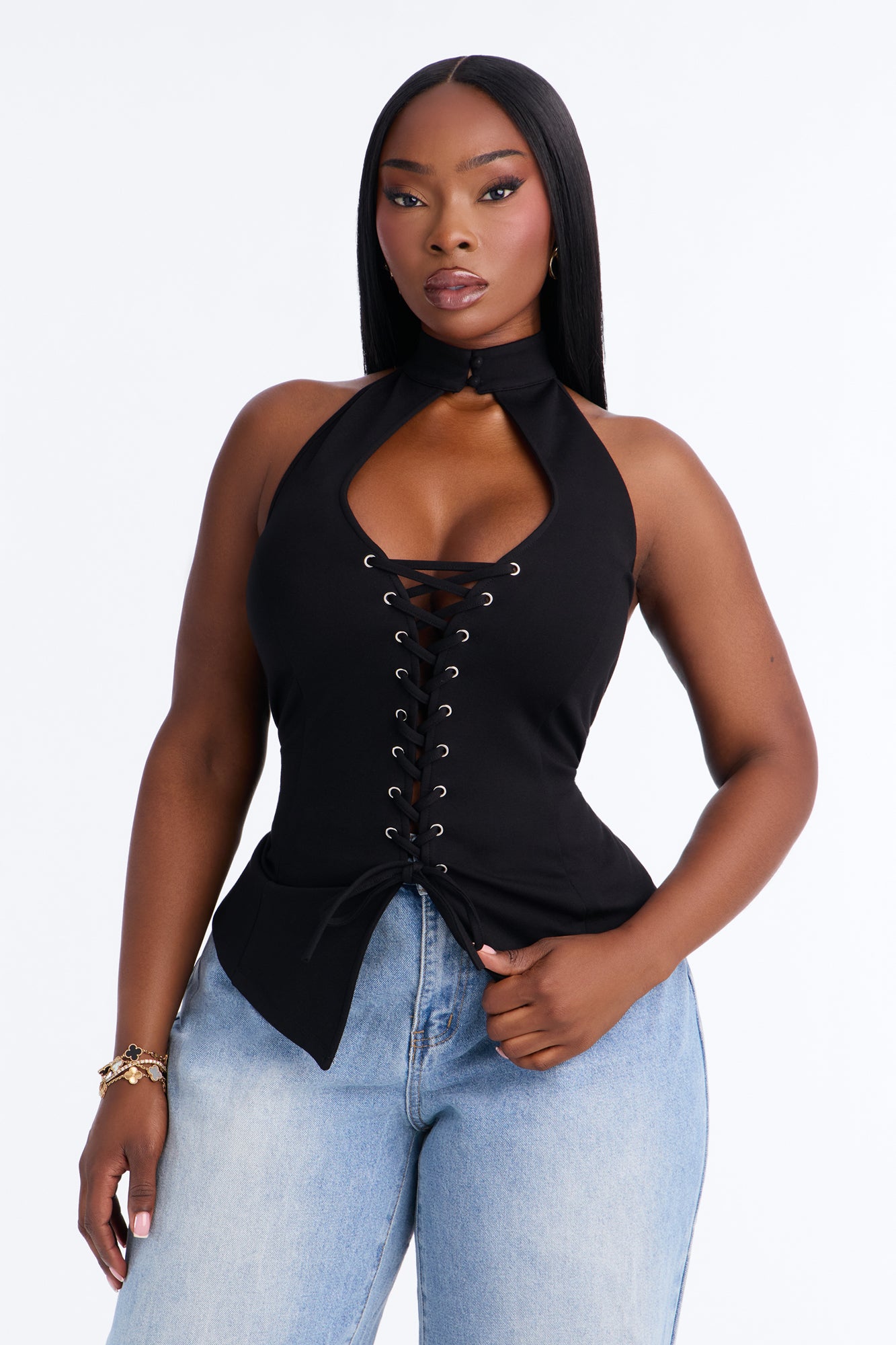 Tempt Me Lace Up Mock Neck Halter Top - Black