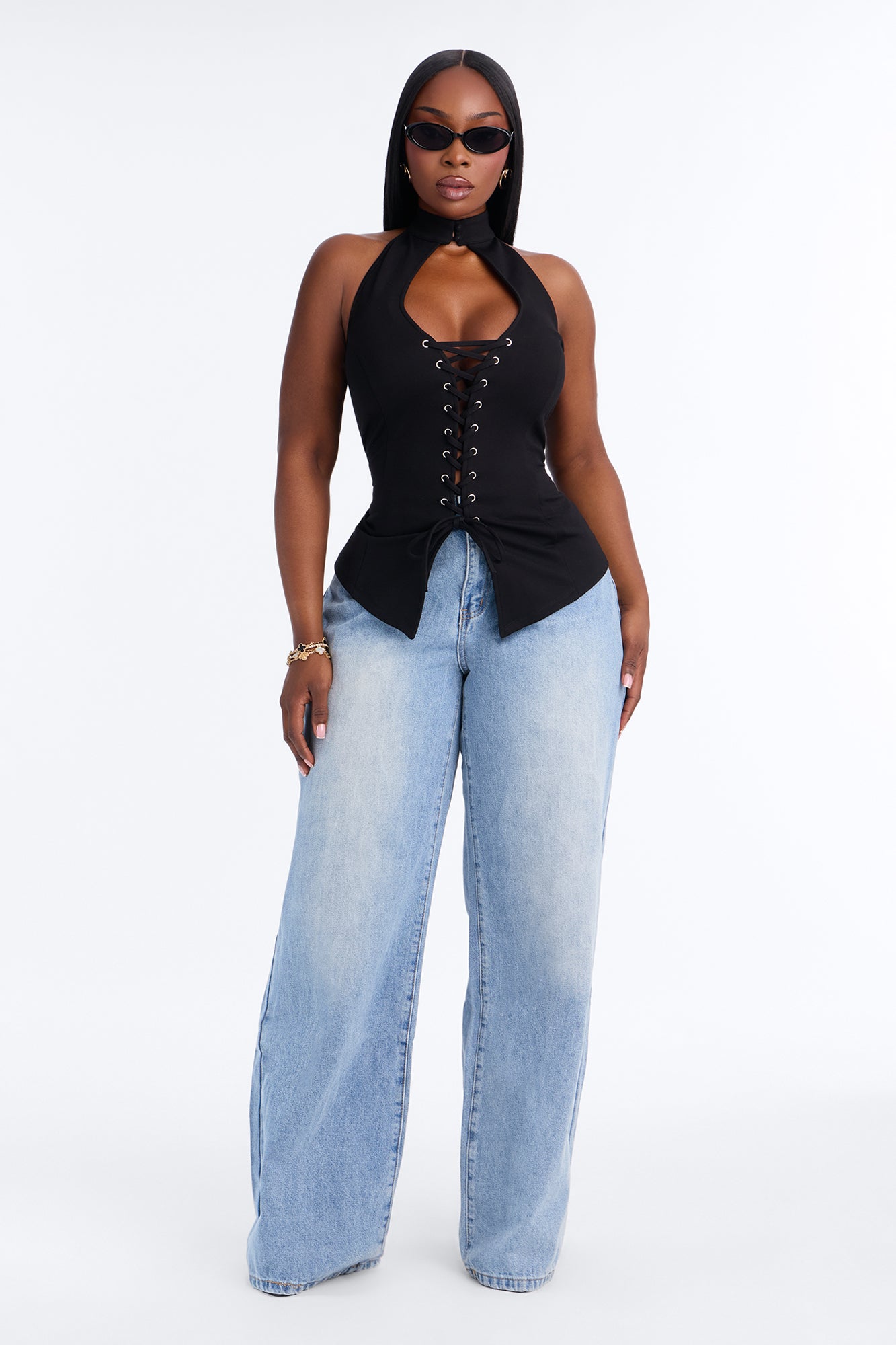 Tempt Me Lace Up Mock Neck Halter Top - Black