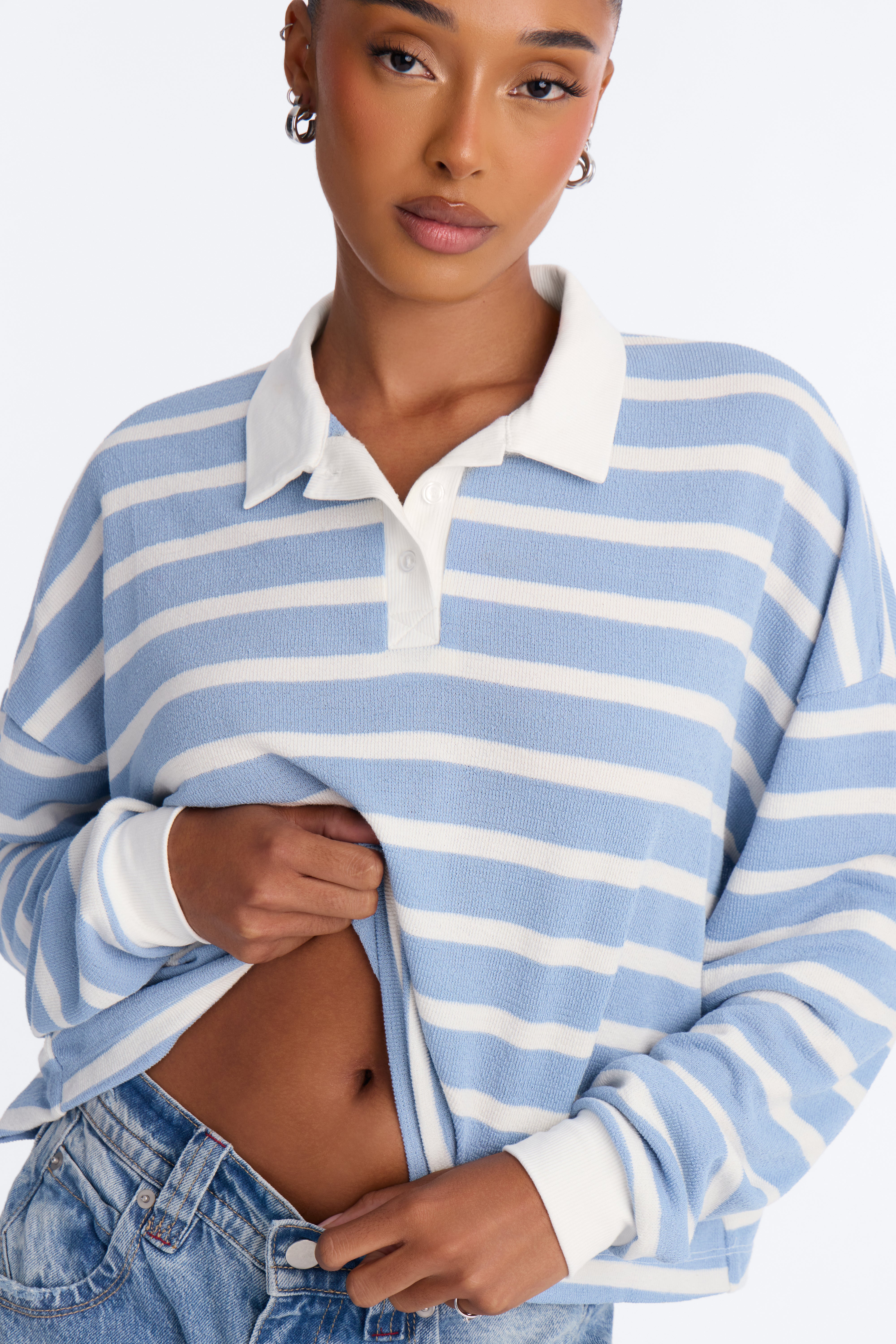 Makayla Stripe Ribbed Long Sleeve Polo - Blue/combo