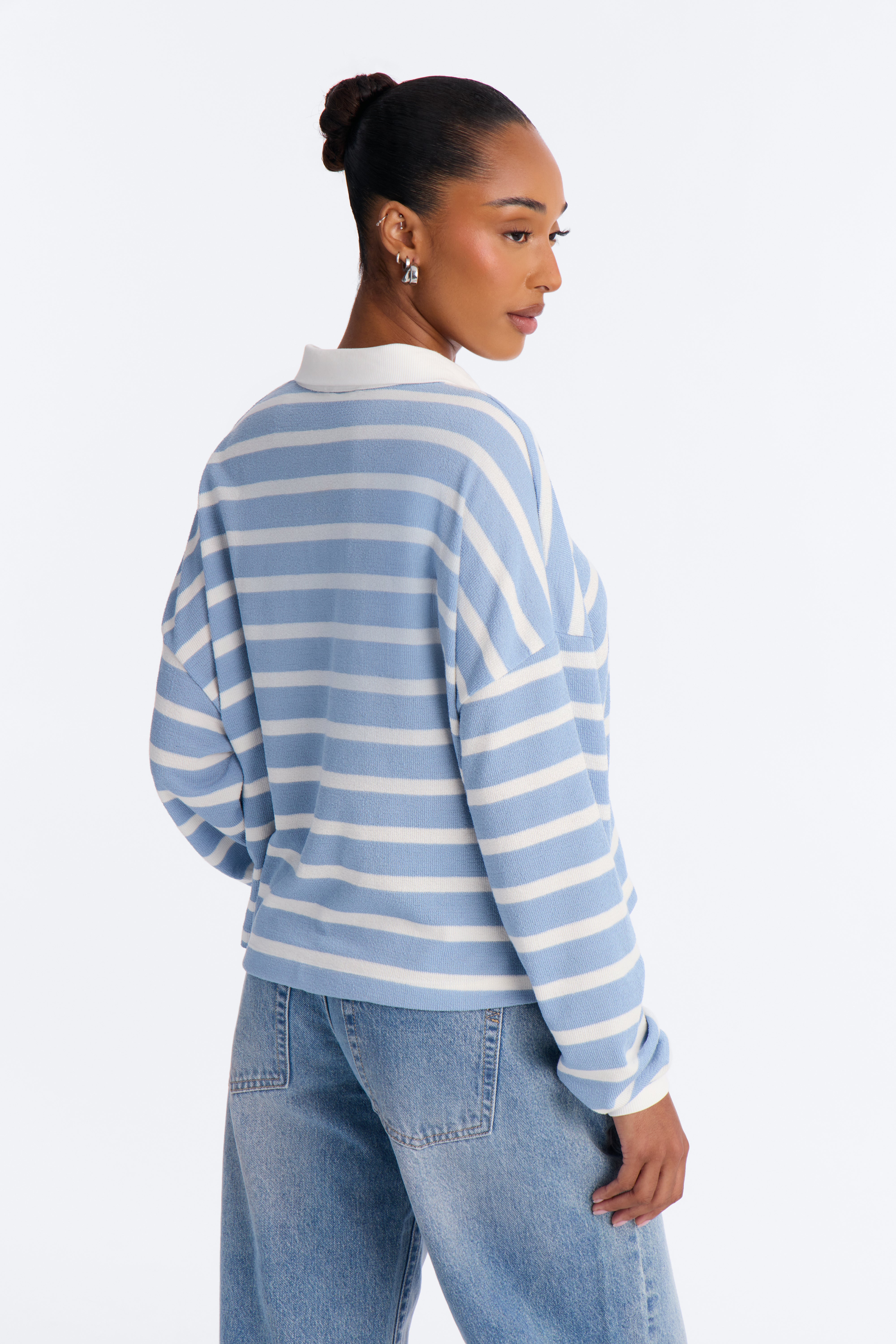 Makayla Stripe Ribbed Long Sleeve Polo - Blue/combo