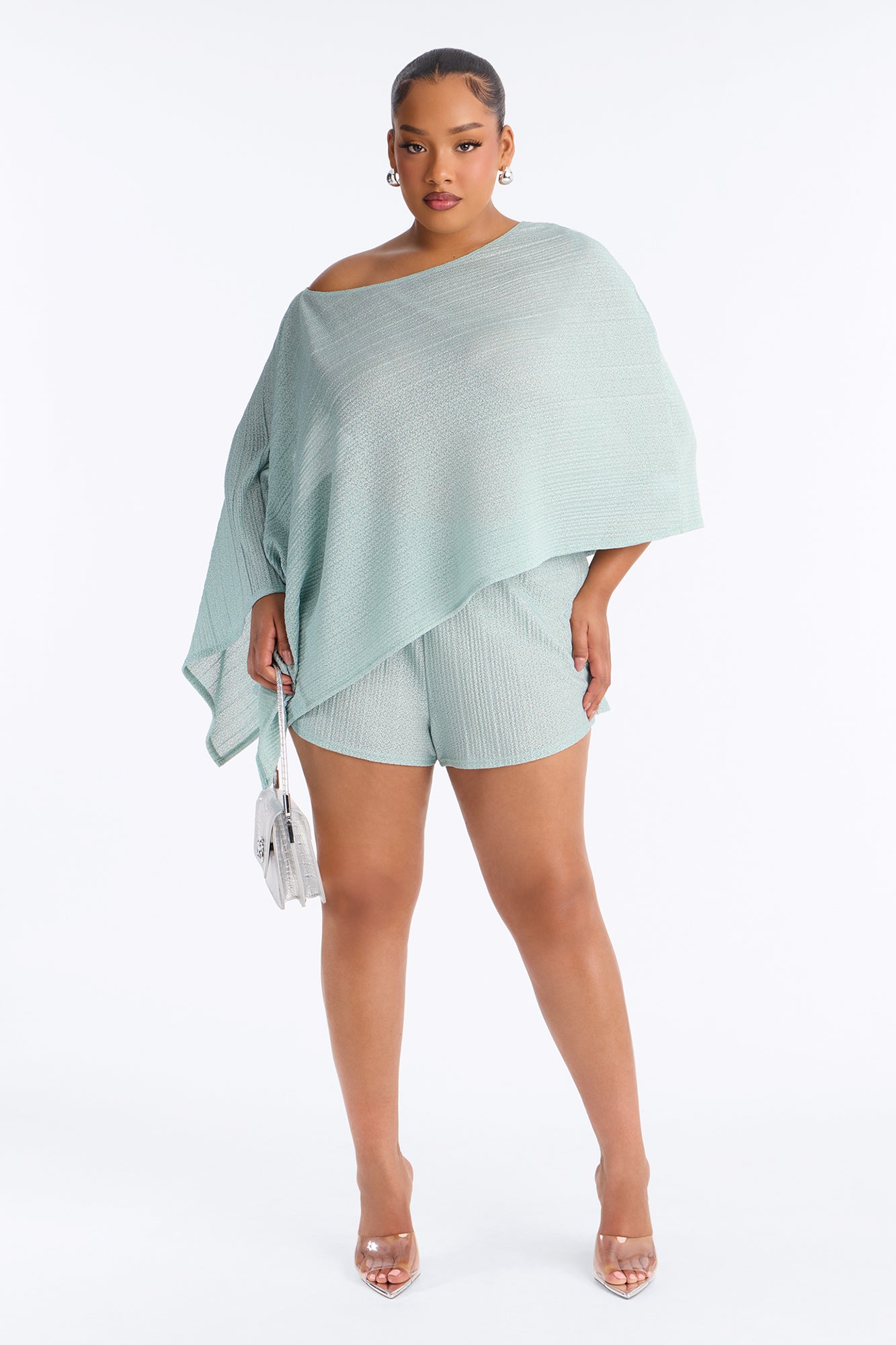 Ella Textured Shimmer Short Set - Aqua