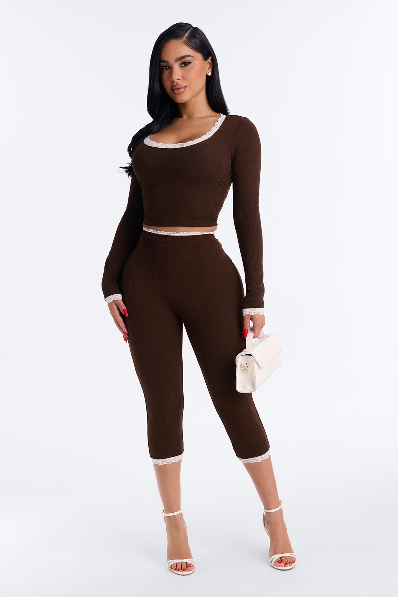 Julianna Laced Trim Ribbed Capri Set - Chocolate