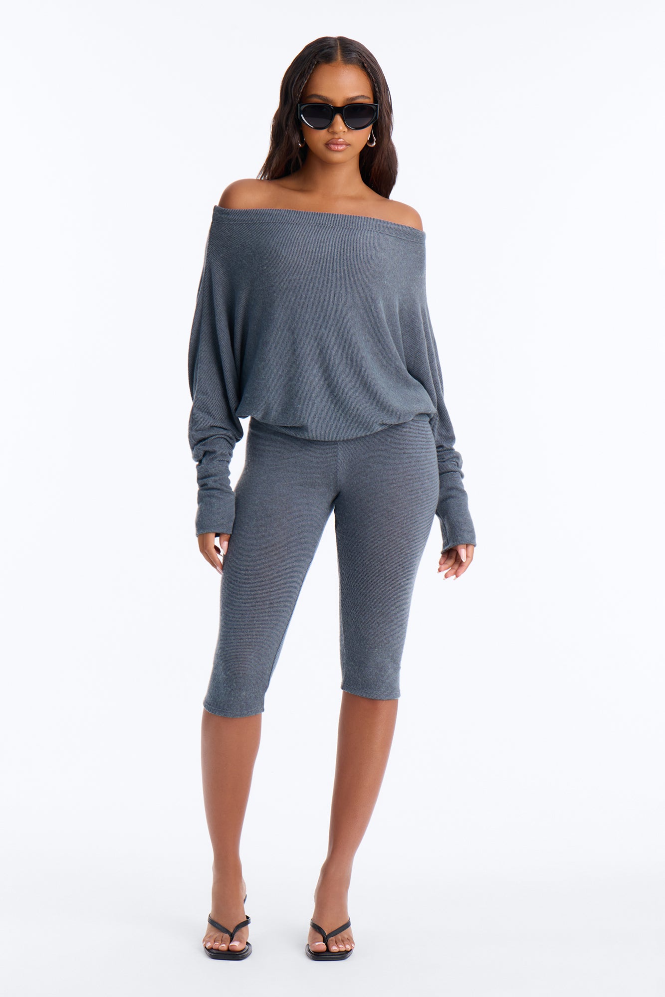 Clara Off Shoulder Hacci Capri Set - Grey