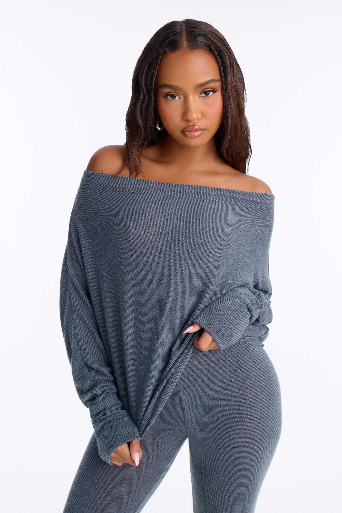Clara Off Shoulder Hacci Capri Set - Grey