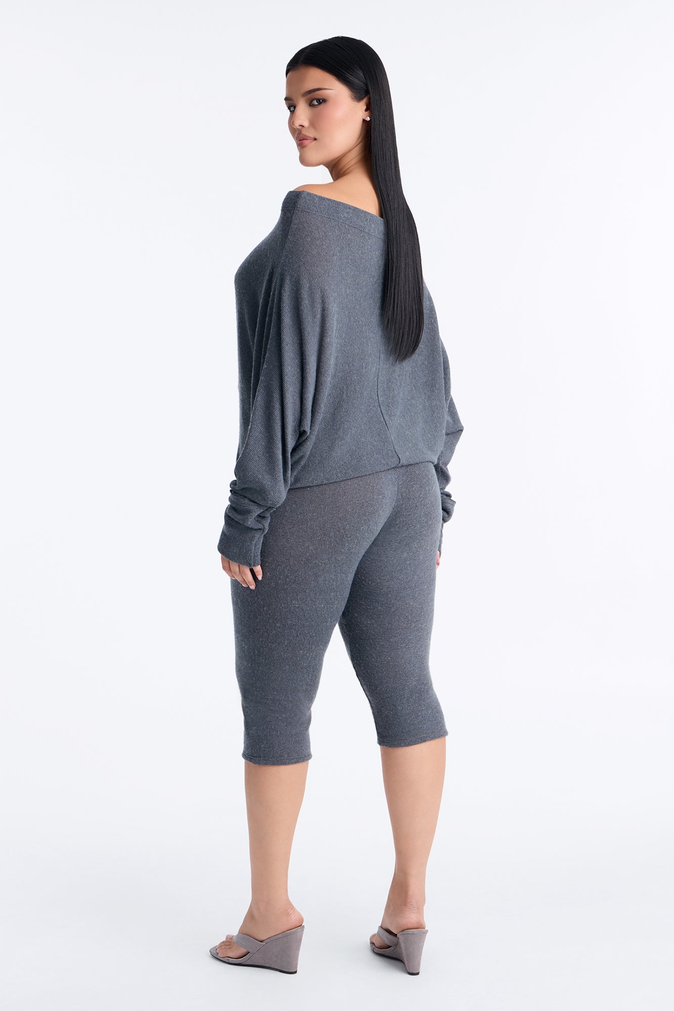 Clara Off Shoulder Hacci Capri Set - Grey