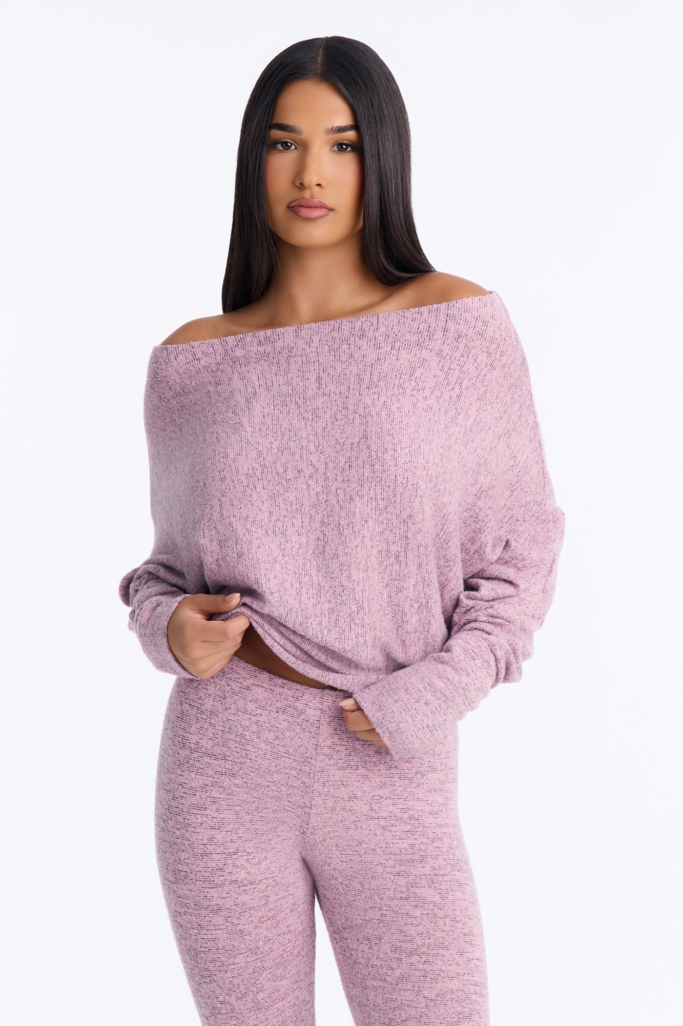 Clara Off Shoulder Hacci Capri Set - Pink