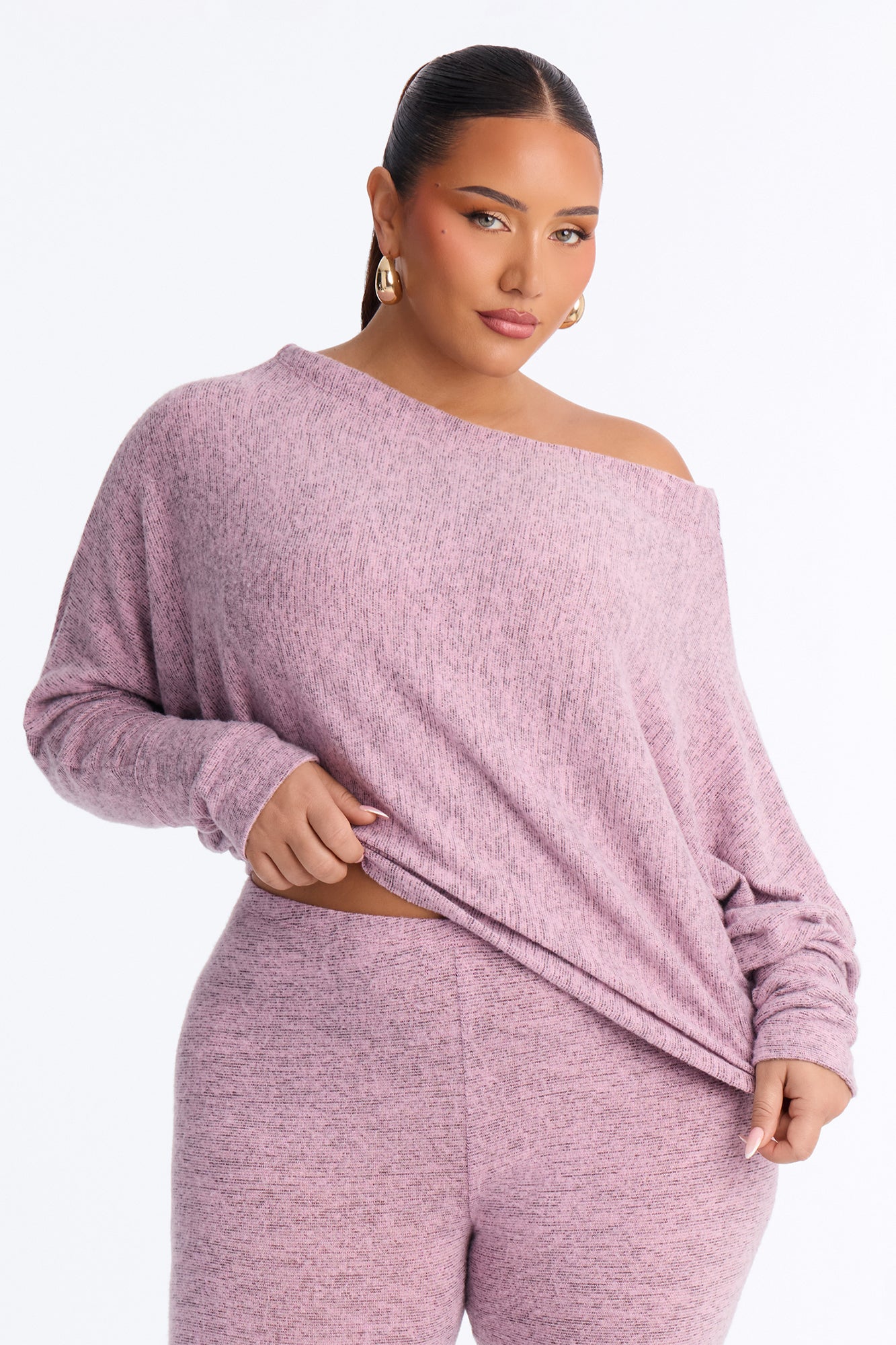 Clara Off Shoulder Hacci Capri Set - Pink