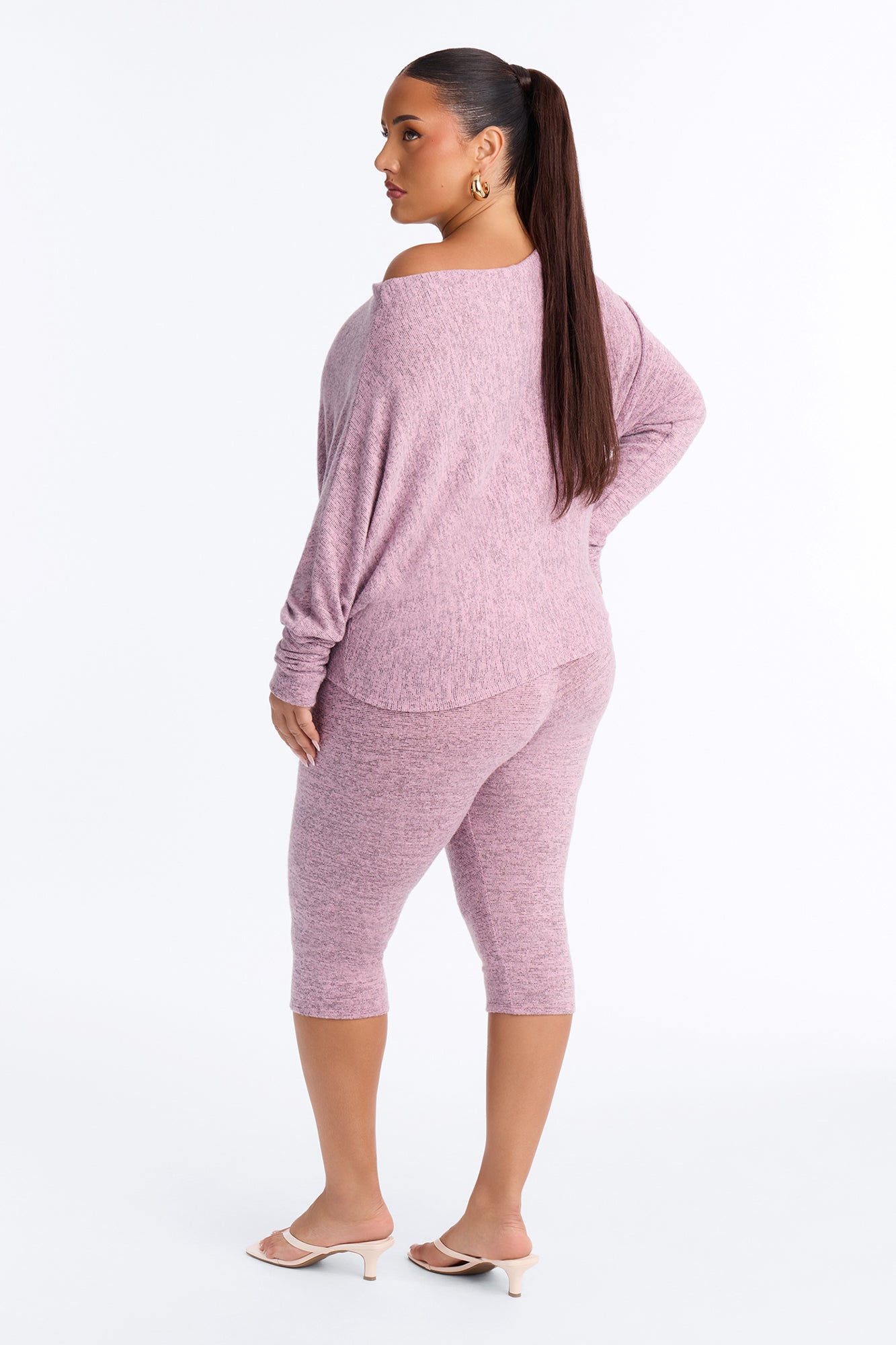 Clara Off Shoulder Hacci Capri Set - Pink