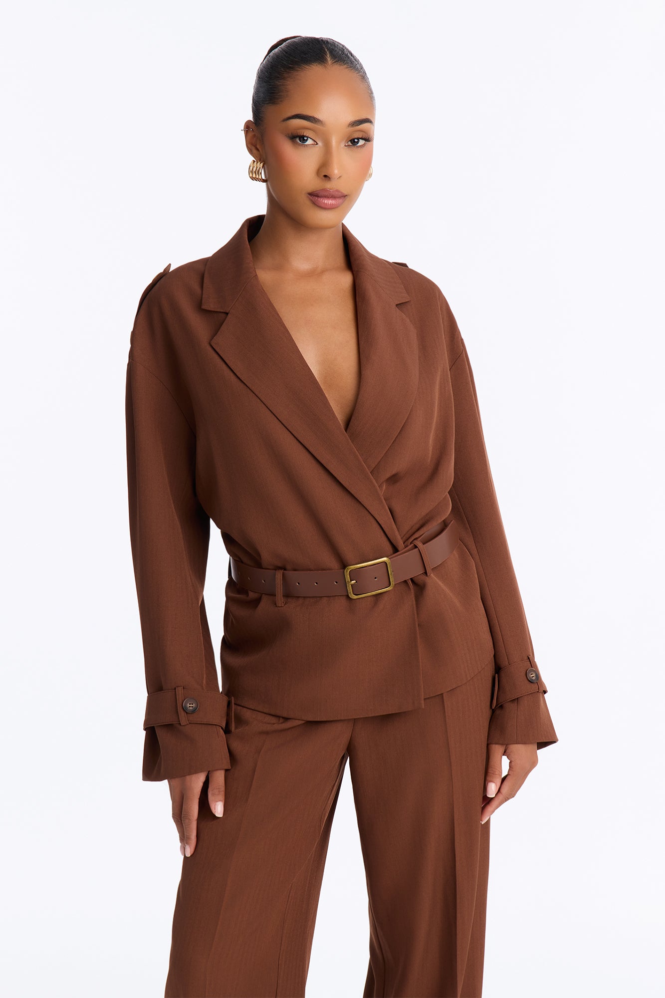 Boss Leader Belted Blazer Pant Set - Brown