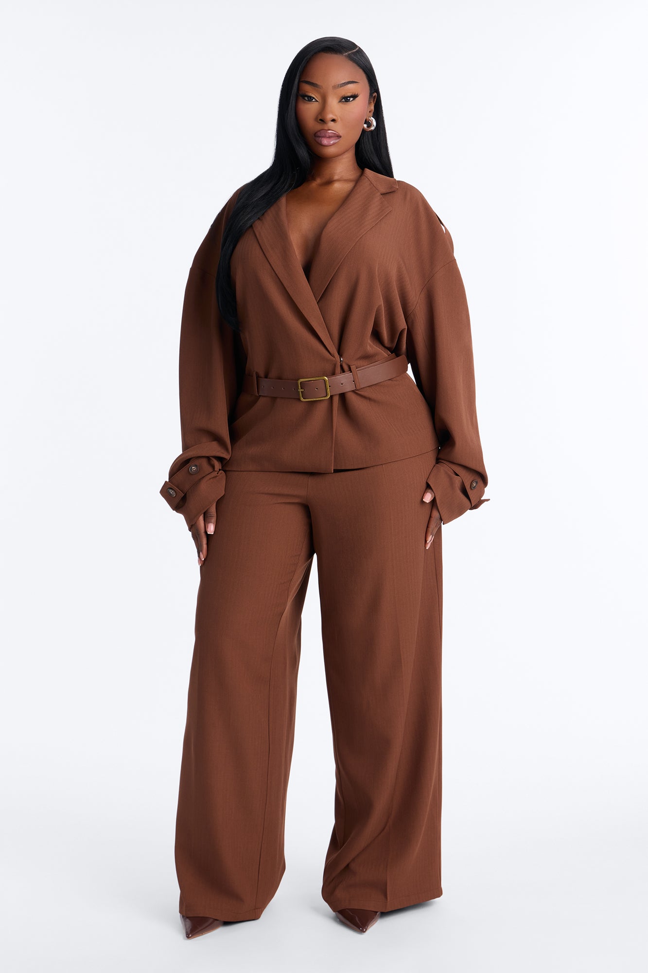 Boss Leader Belted Blazer Pant Set - Brown