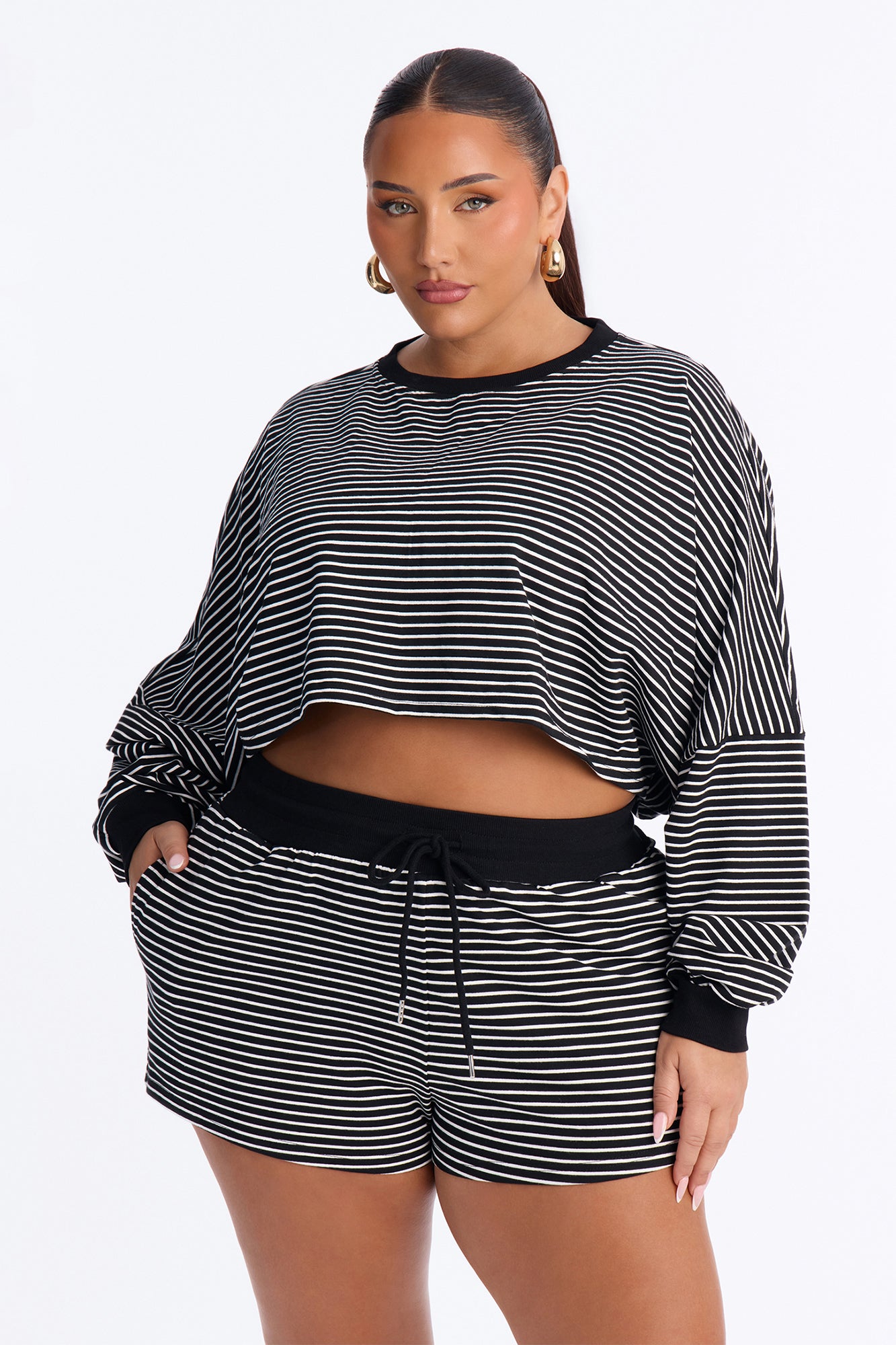 Stripes And Secrets French Terry Short Set - Black/White