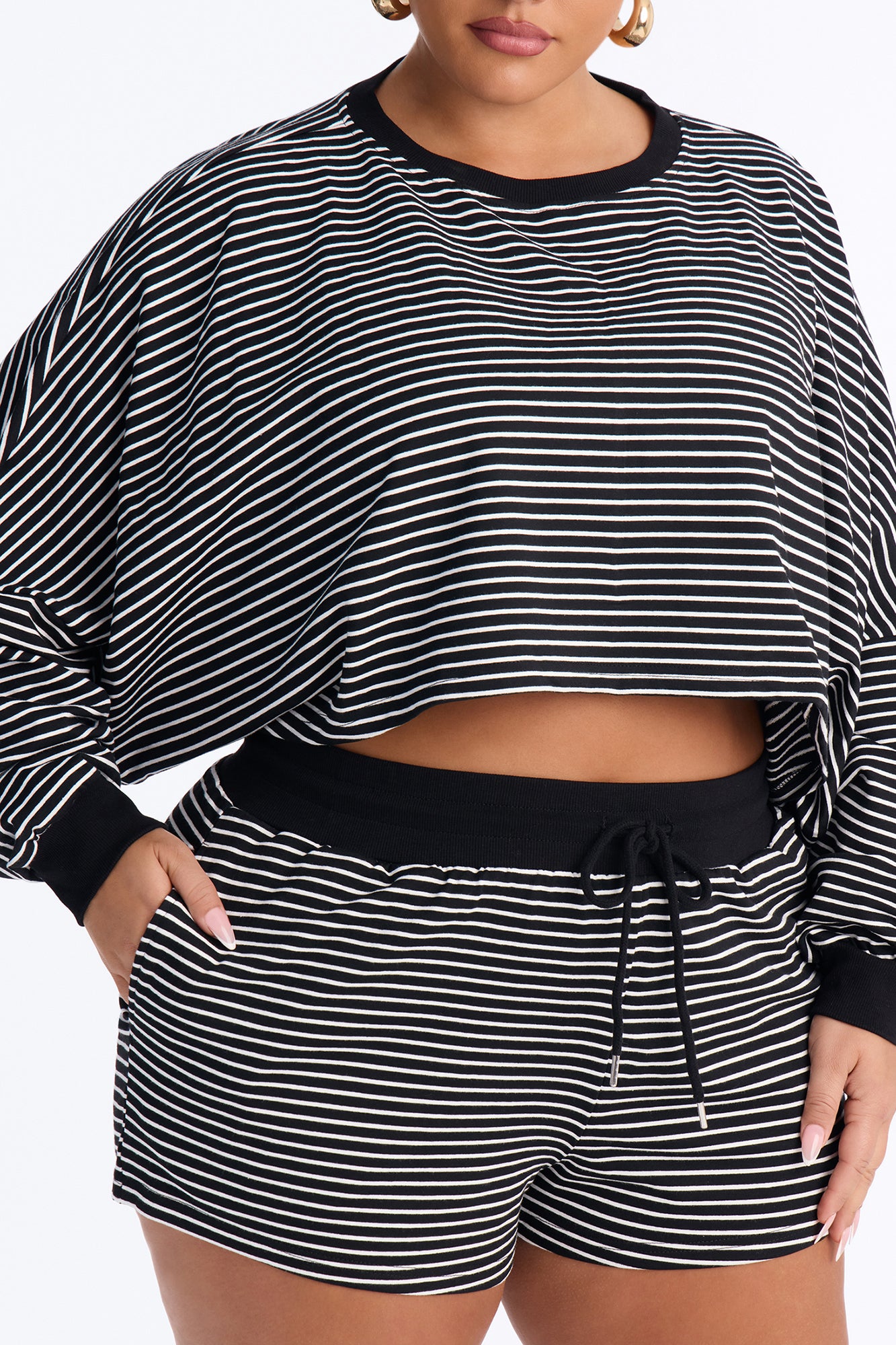 Stripes And Secrets French Terry Short Set - Black/White