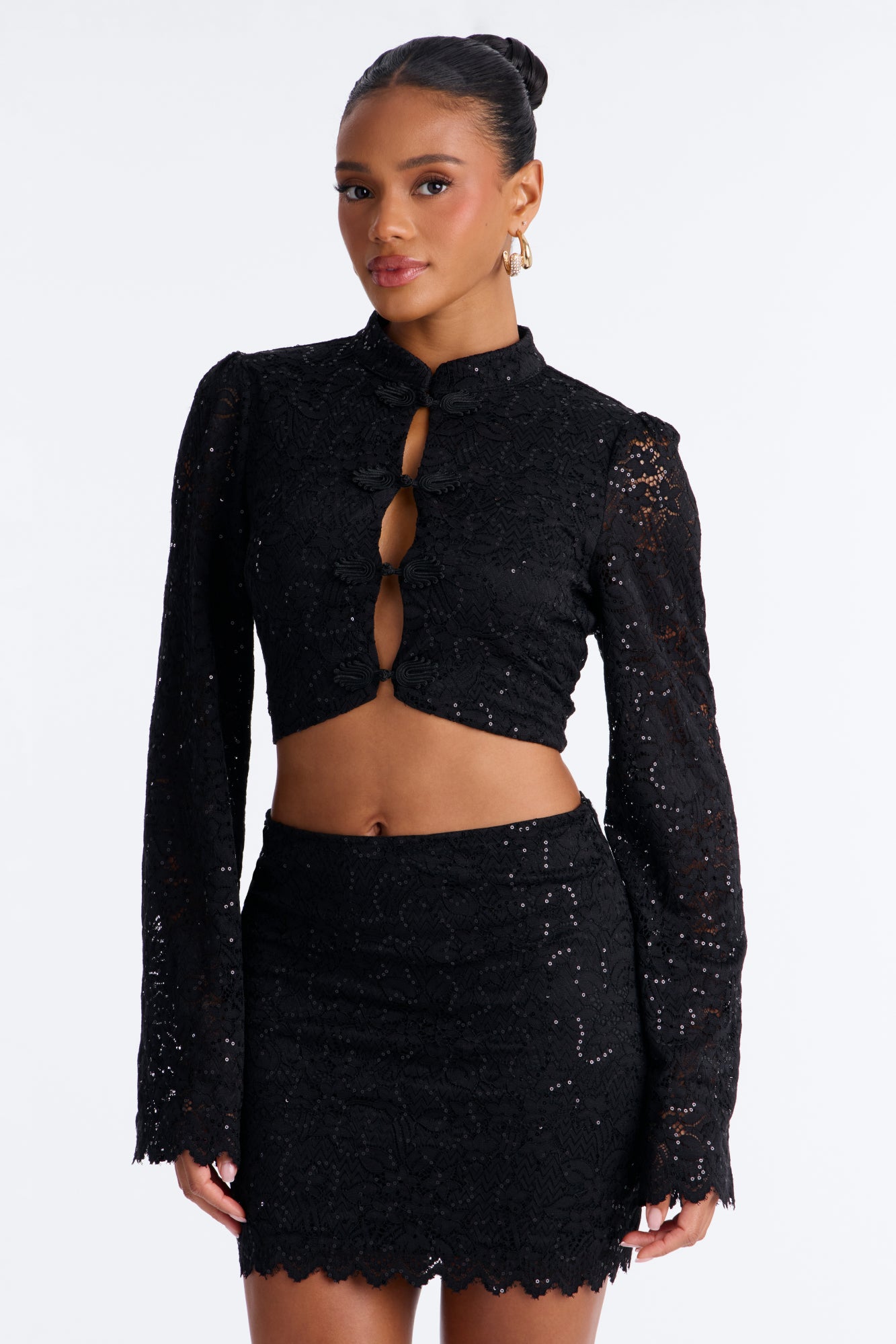 Liz Lace Long Sleeve Skirt Set - Black