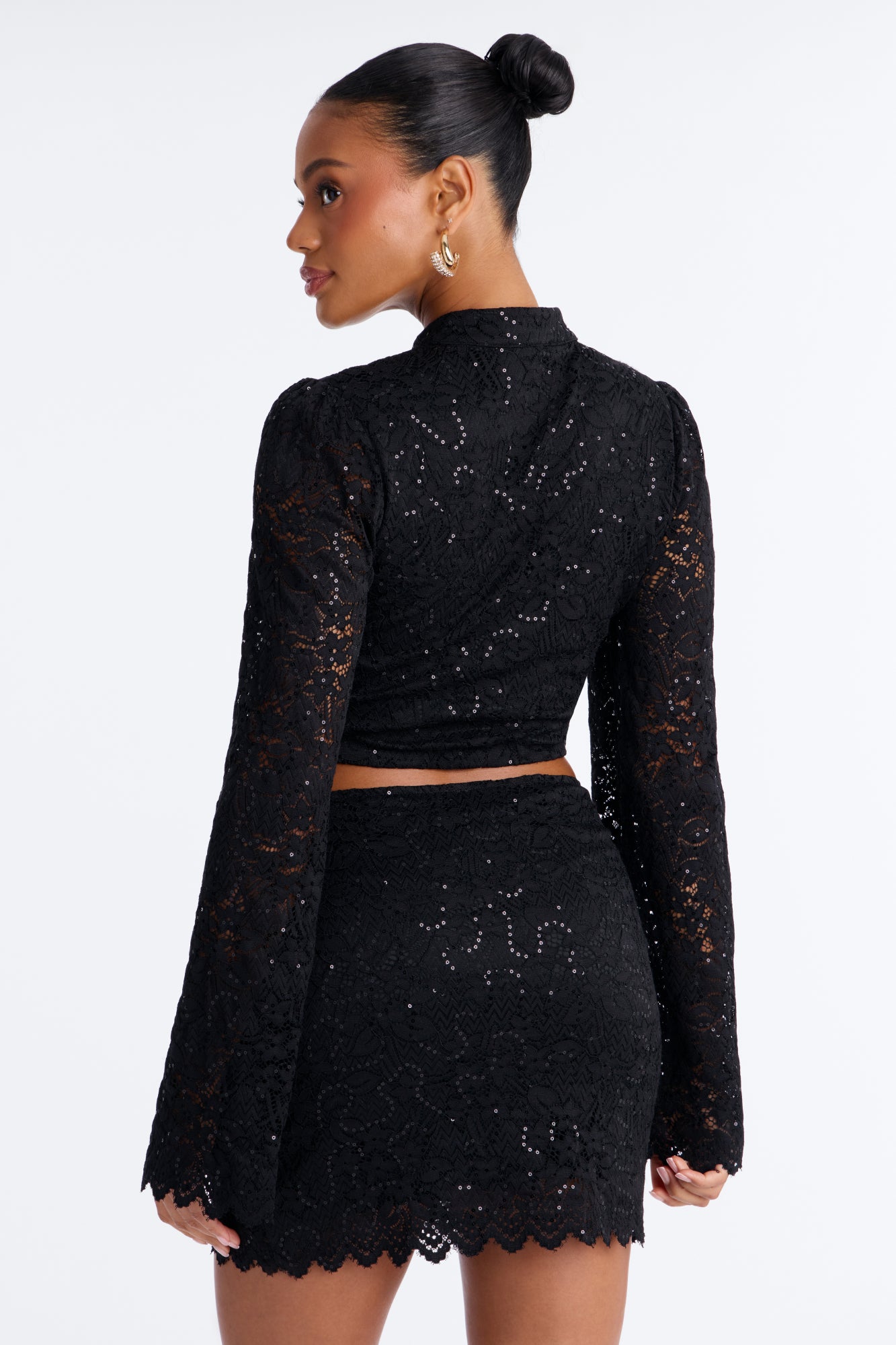 Liz Lace Long Sleeve Skirt Set - Black