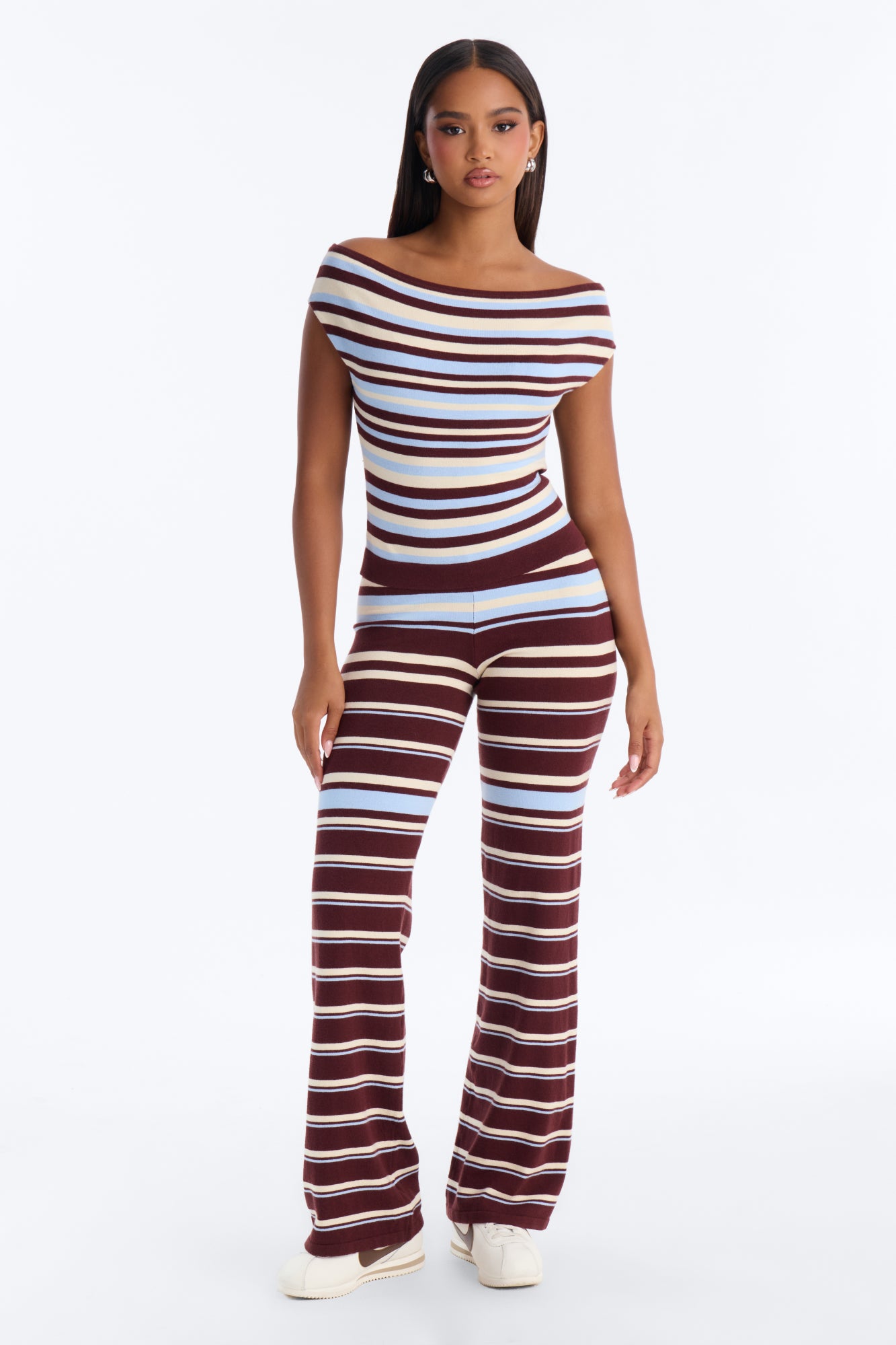 Natalie Off Shoulder Striped Sweater Pant Set - Burgundy/combo