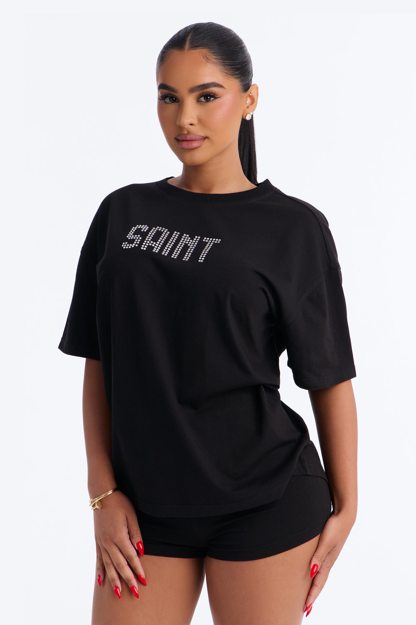 Saint Girl Rhinestone Short Set - Black