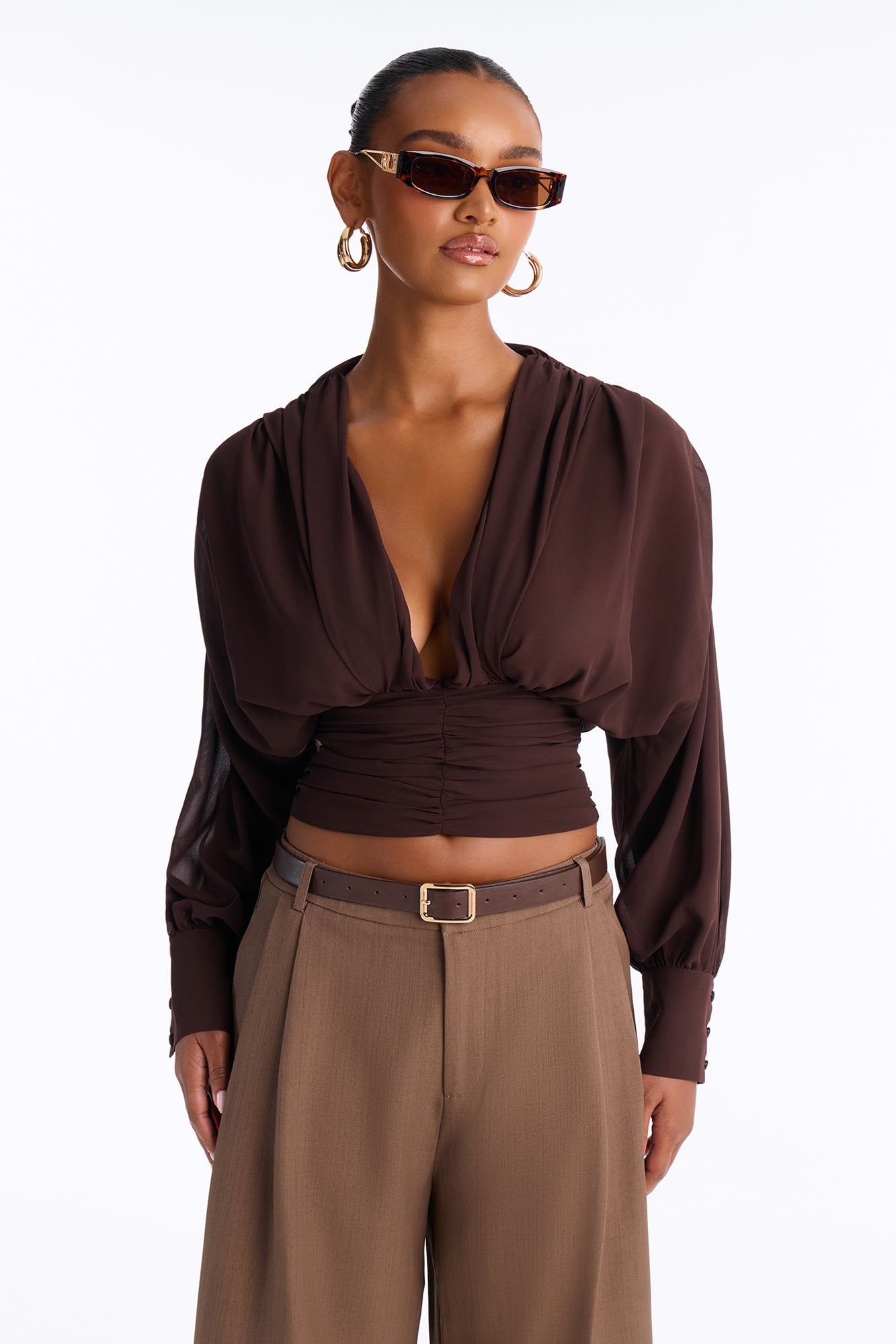 Lynna Ruched Chiffon Blouse - Brown