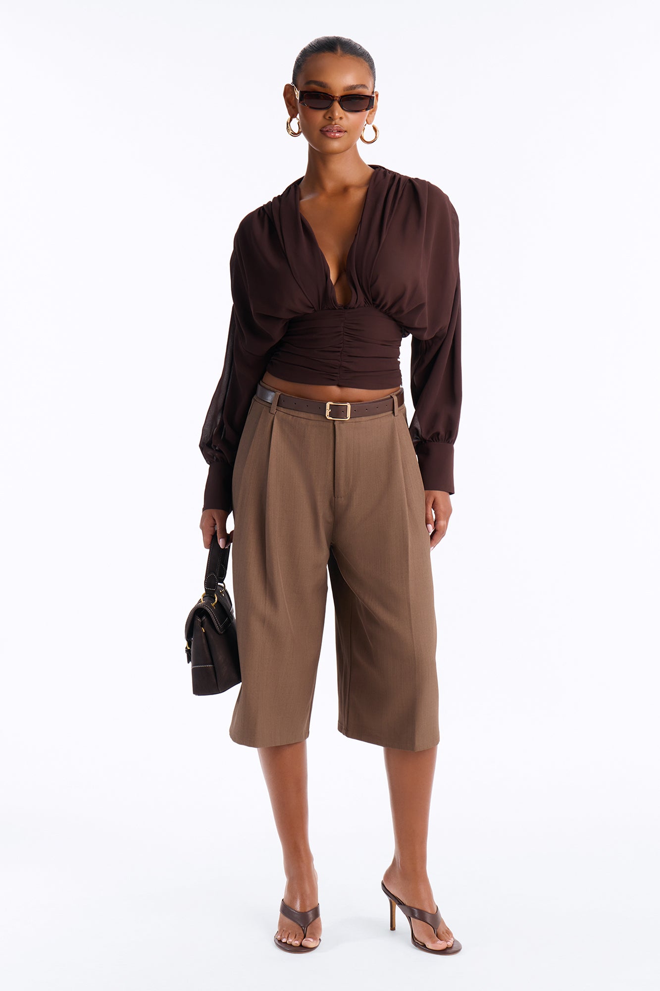 Lynna Ruched Chiffon Blouse - Brown