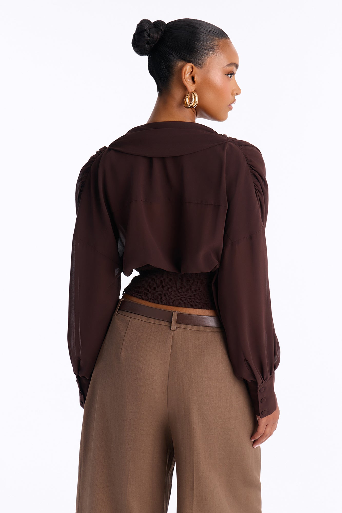 Lynna Ruched Chiffon Blouse - Brown